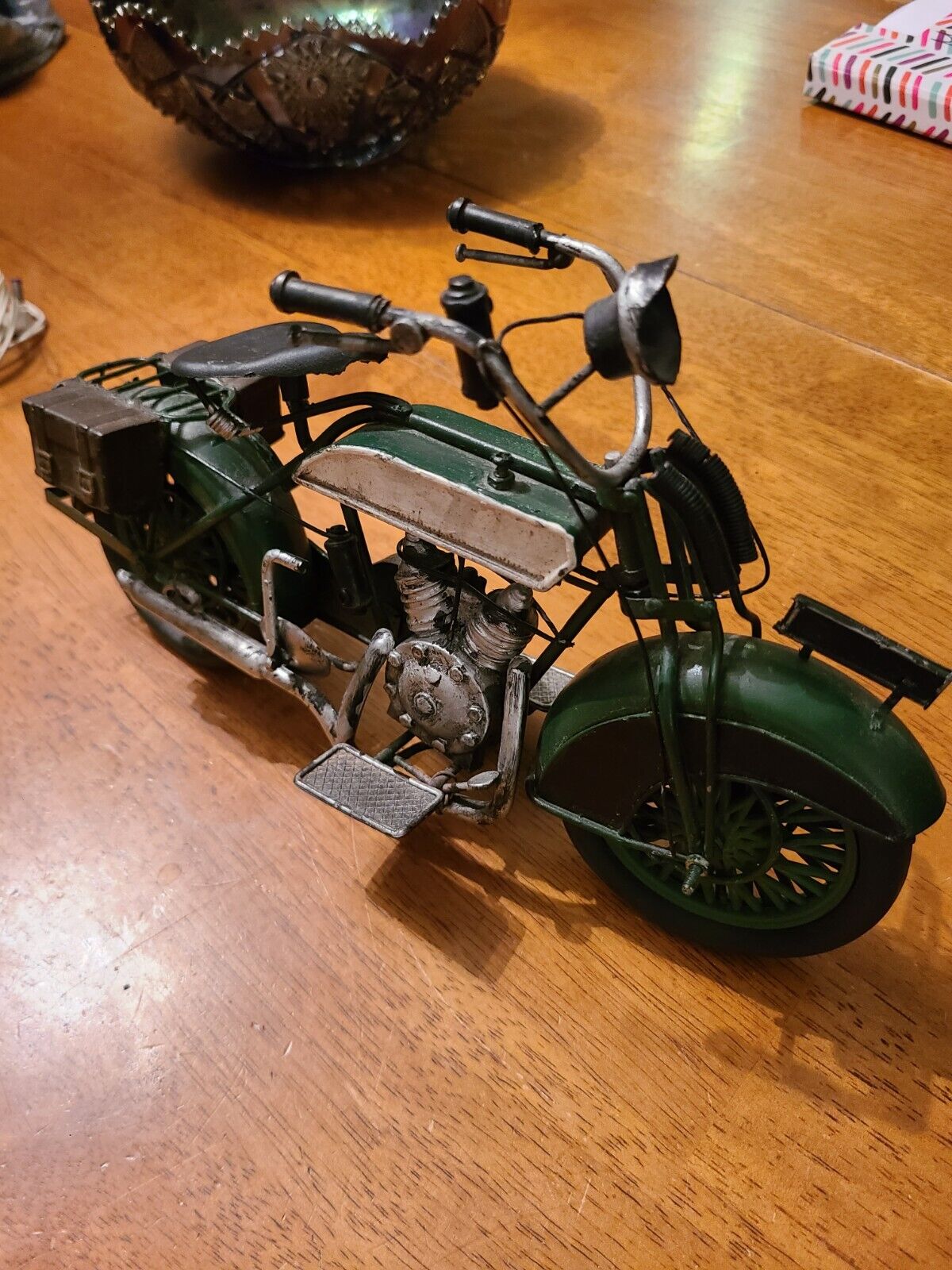 Vintage V twin Green Motorcycle Art Decoration  Excellent 9 Inches. 