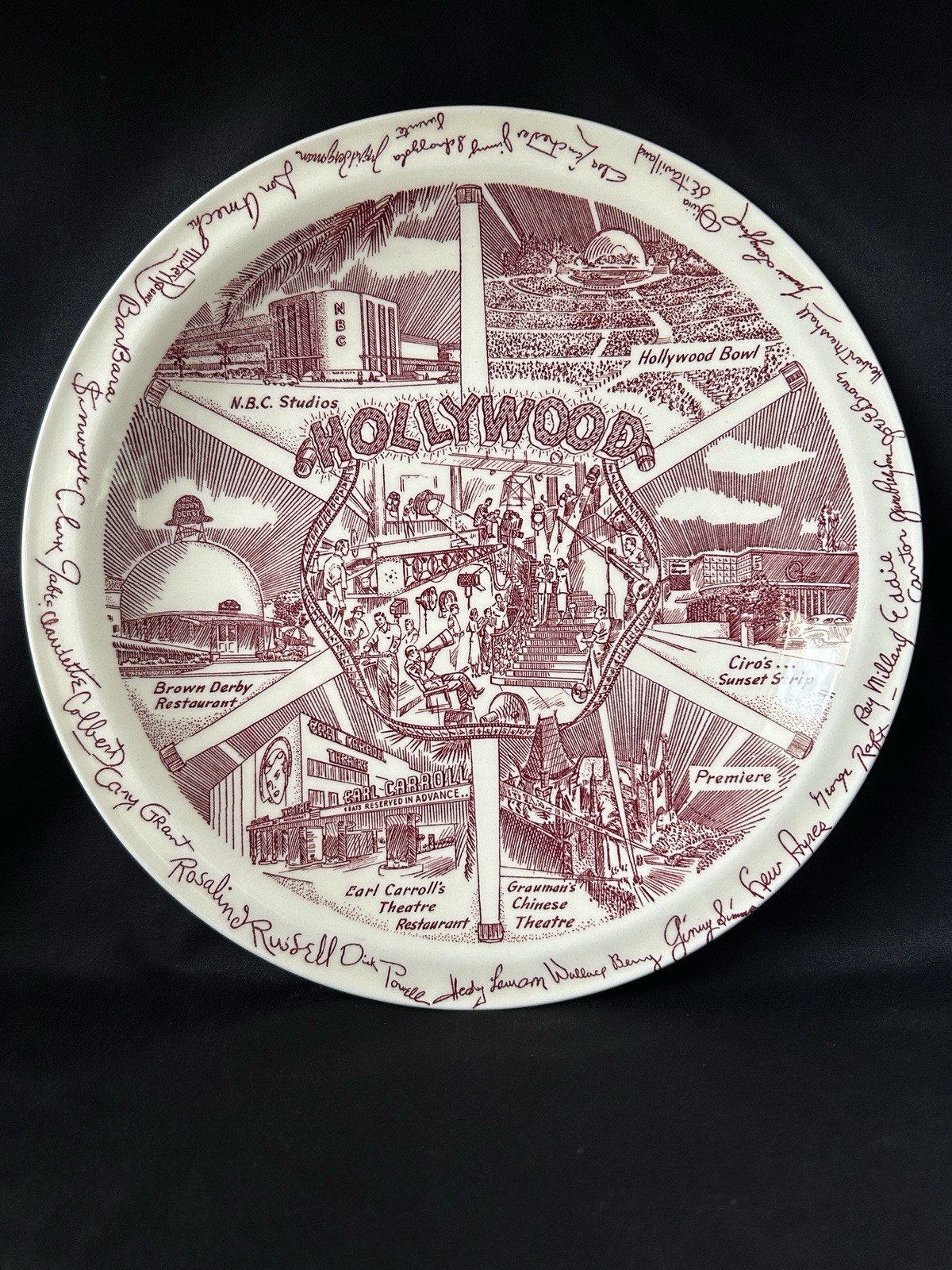 VTG Vernon Kilns HOLLYWOOD Red Plate Movie Stars Facsimile Signatures 10.5” Rare