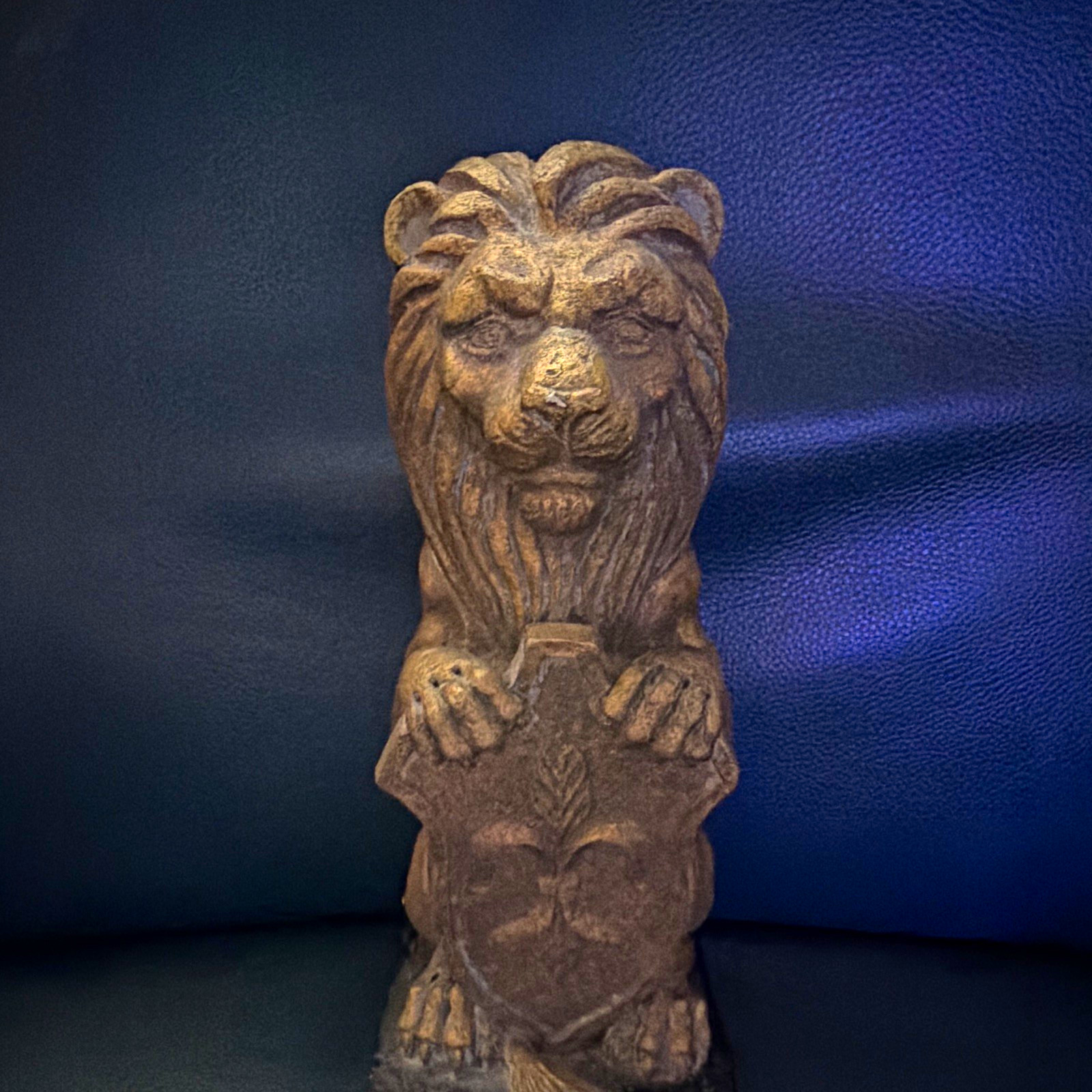 Gold/Black Resin Lion Figurine Holding Fleur-de-Lis Shield 3D Effect