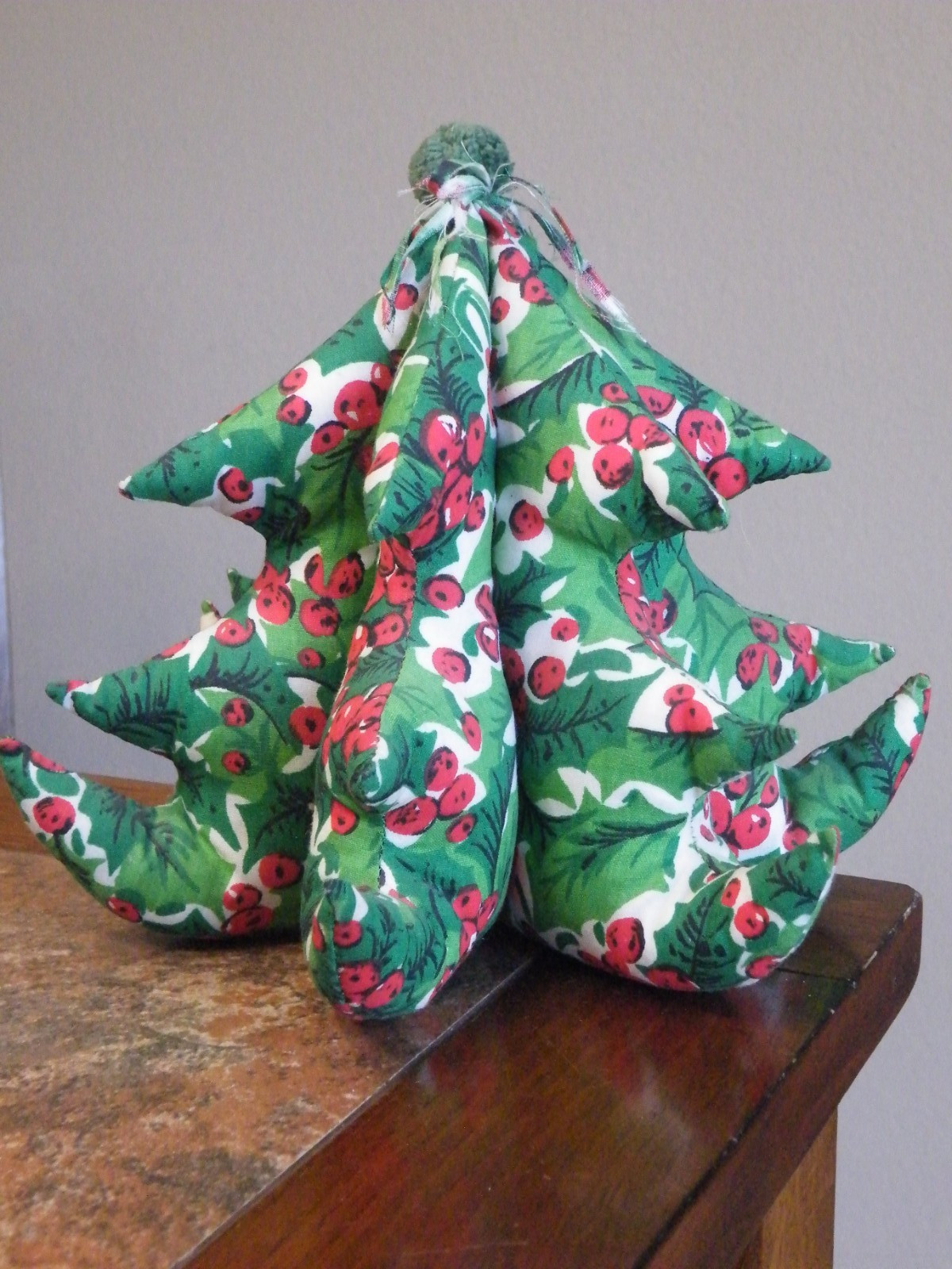 Vintage HOLLY BERRY Fabric 3D Stuffed HANDMADE 6 Sided CHRISTMAS TREE 8” Tall