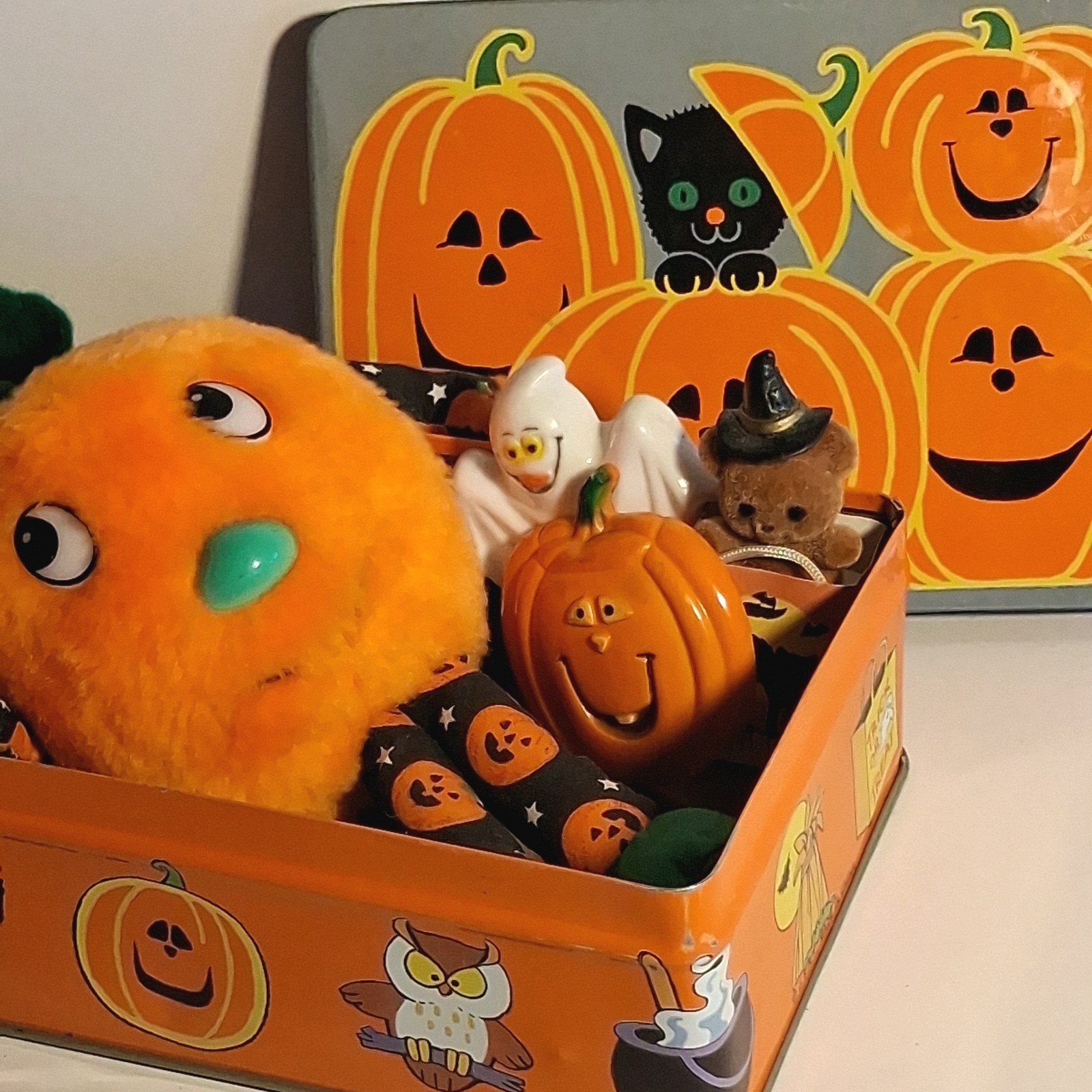Vintage JSNY Halloween Tin with Pumpkin Plush & Magnets 