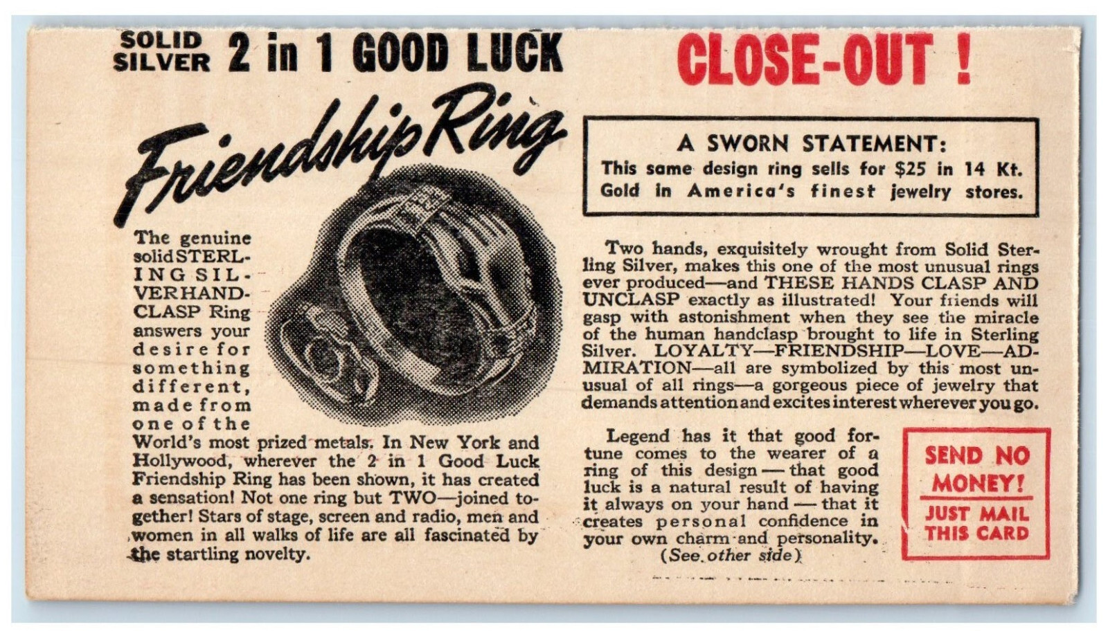 c1940\'s 2 in 1 Good Luck Friendship Ring Niresk Jewelers IL Postal Card