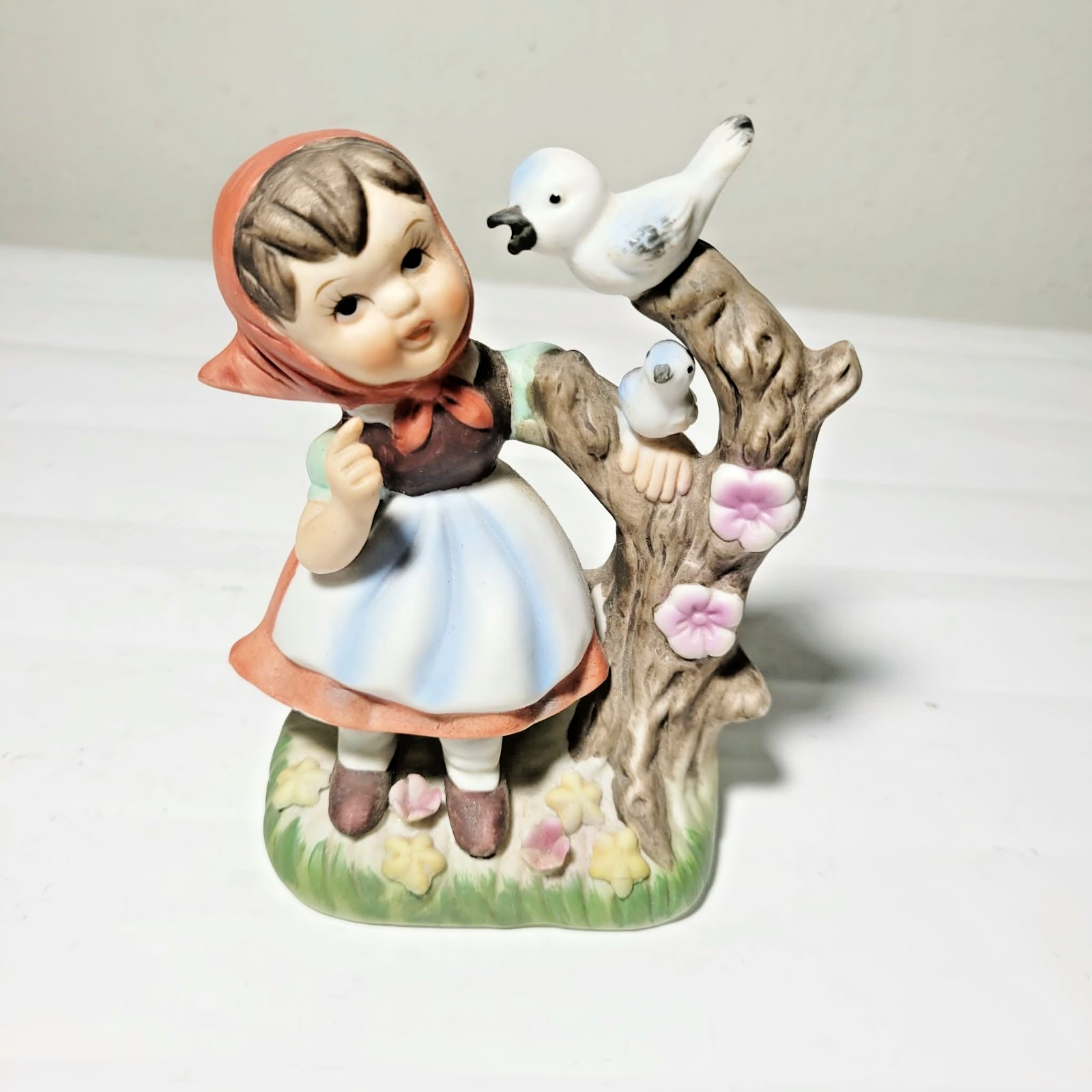 Vintage Bisque Girl Figurine Red Porcelain Hand Painted Bonnet w/ Bird & Tree Vintage Bisque Girl Figurine Red Porcelain Hand Painted Bonnet w/ Bird & Tree