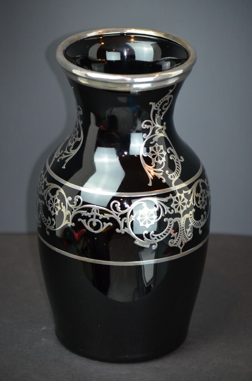 Paden City Black Swanson Vase Sterling Silver Overlay