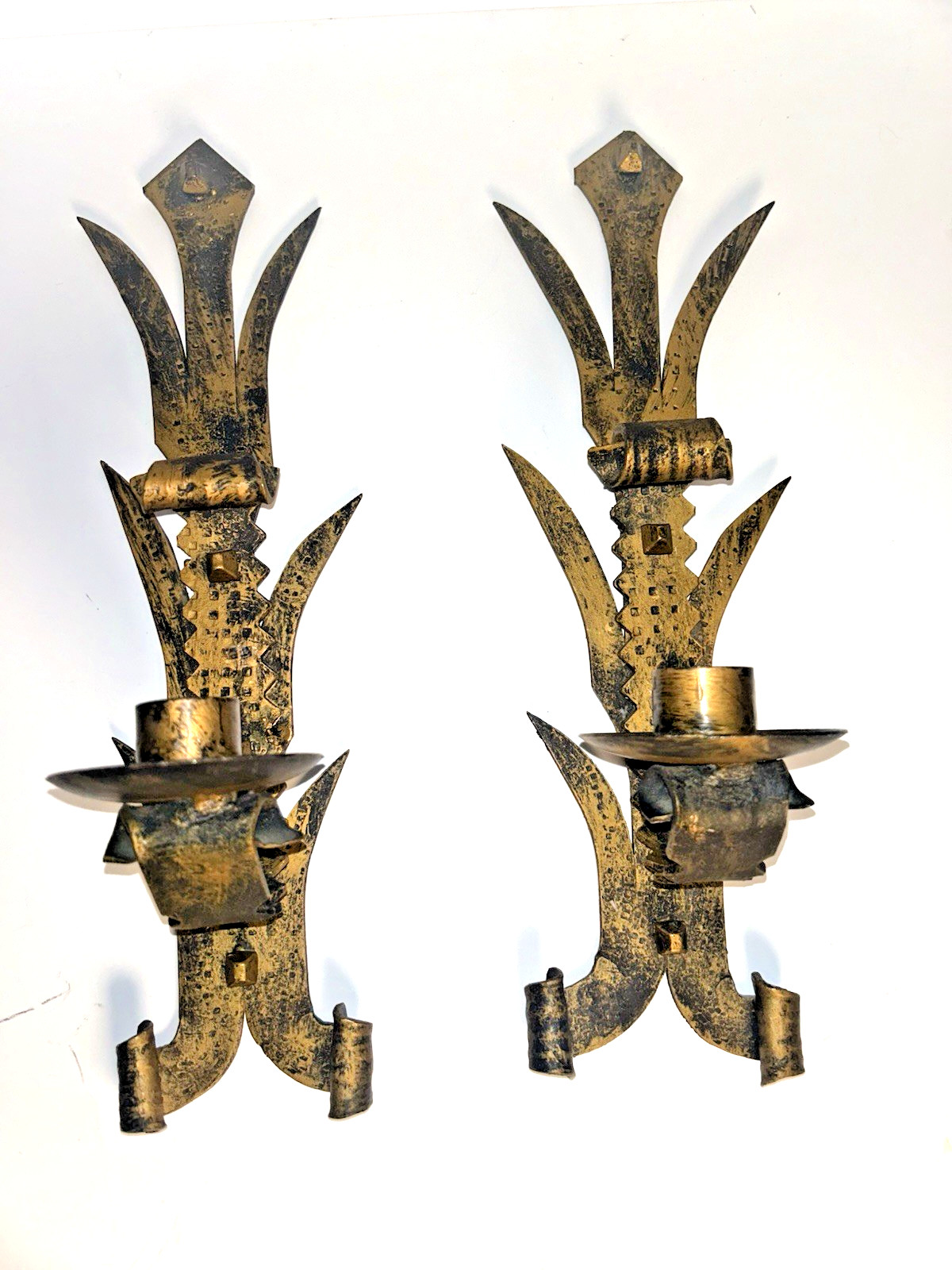 Vintage pair Spanish Revival forged iron Wall Sconce Candlesteick Holders - EXC