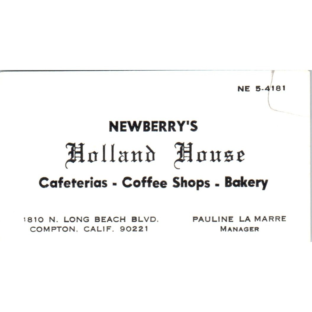 Newberry's Holland House Pauline La Marre Compton CA Vtg Business Card SD8-B7