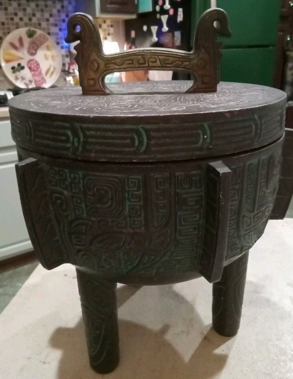 Vintage 60s Mid CENTURY Mod James Mont Asian Green Black Metal Ice Bucket 9x10
