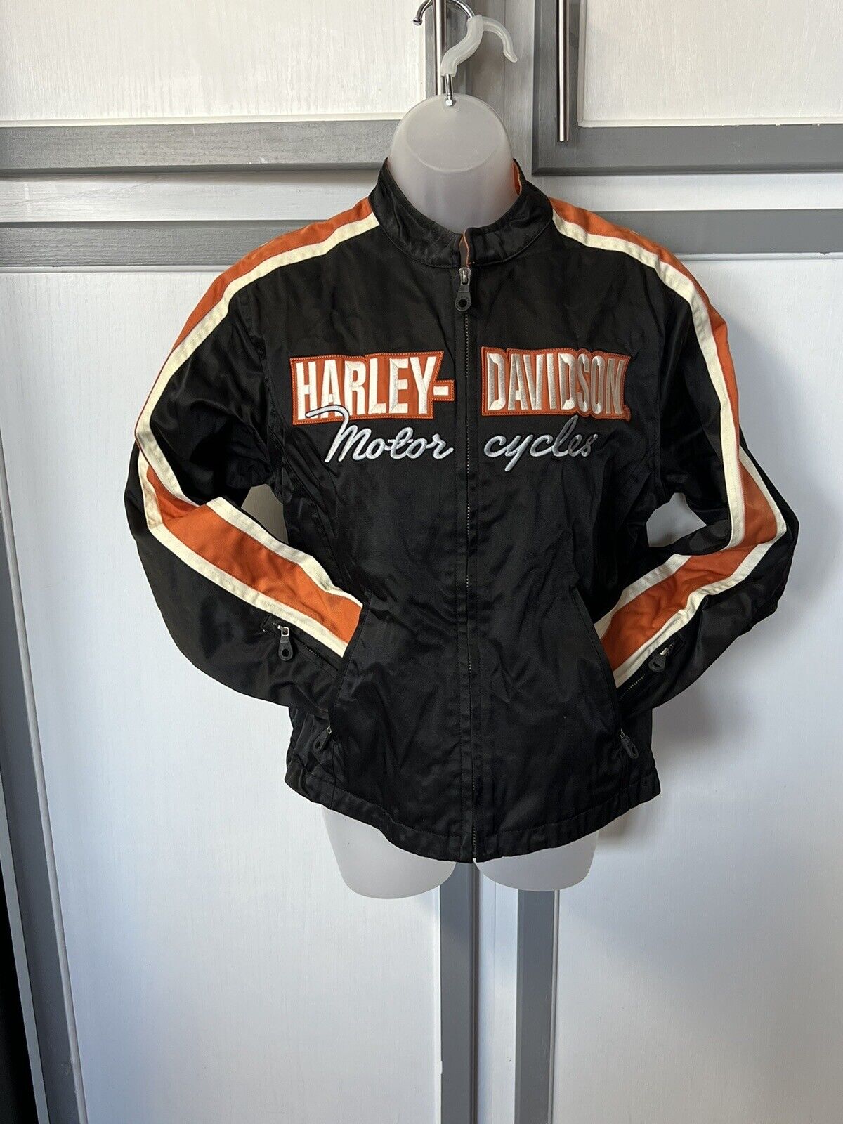 Woman’s Harley Davidson Motorcycle Riding Jacket Large Orange Black Embroidered