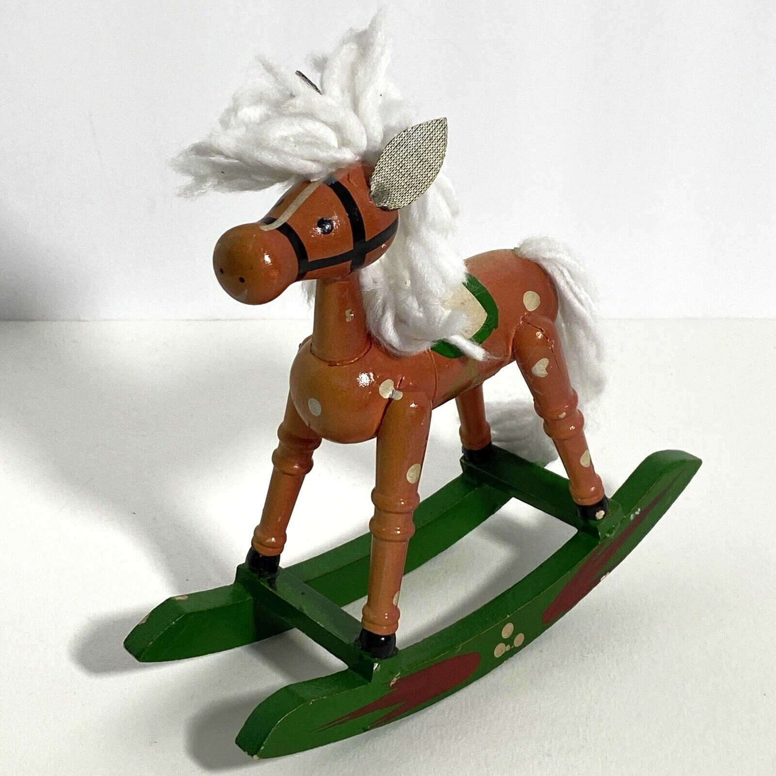 Christmas Rocking Horse Vintage Figure Miniature White Green Brown 7in Tall