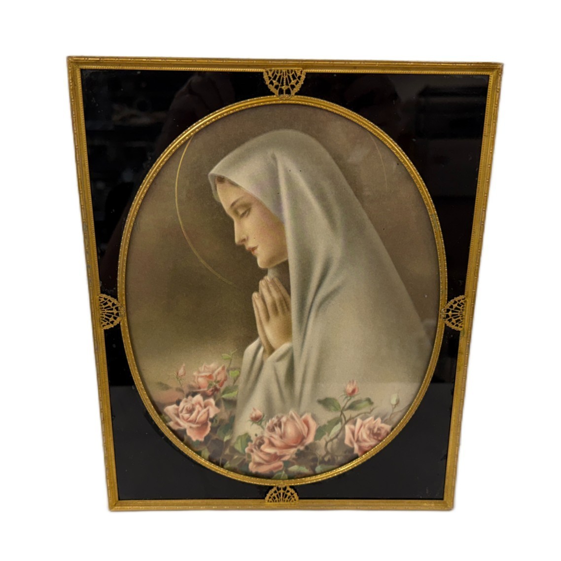 Vintage Art Deco Filigree Framed Blessed Virgin Mary Print-Reverse Painted Glass Vintage Art Deco Filigree Framed Blessed Virgin Mary Print-Reverse Painted Glass