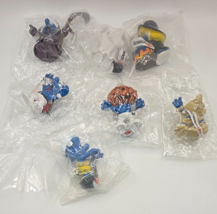 🎃👻2005 Schleich Peyo Halloween Monster Smurfs Set/8 Sealed Barcode Bands RARE