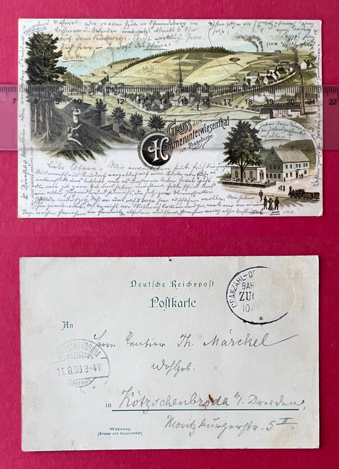 Litho Postcard Hammerunterwiesenthal in the Erzgebirge 1899 Gasthaus zur Linde (183287