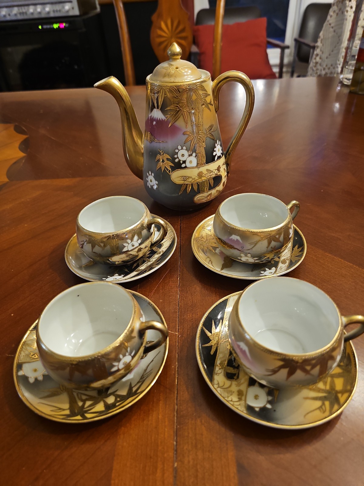 Vintage Japanese 9-piece demitasse coffee set featuring a dramatic Mt. Fuji, bam