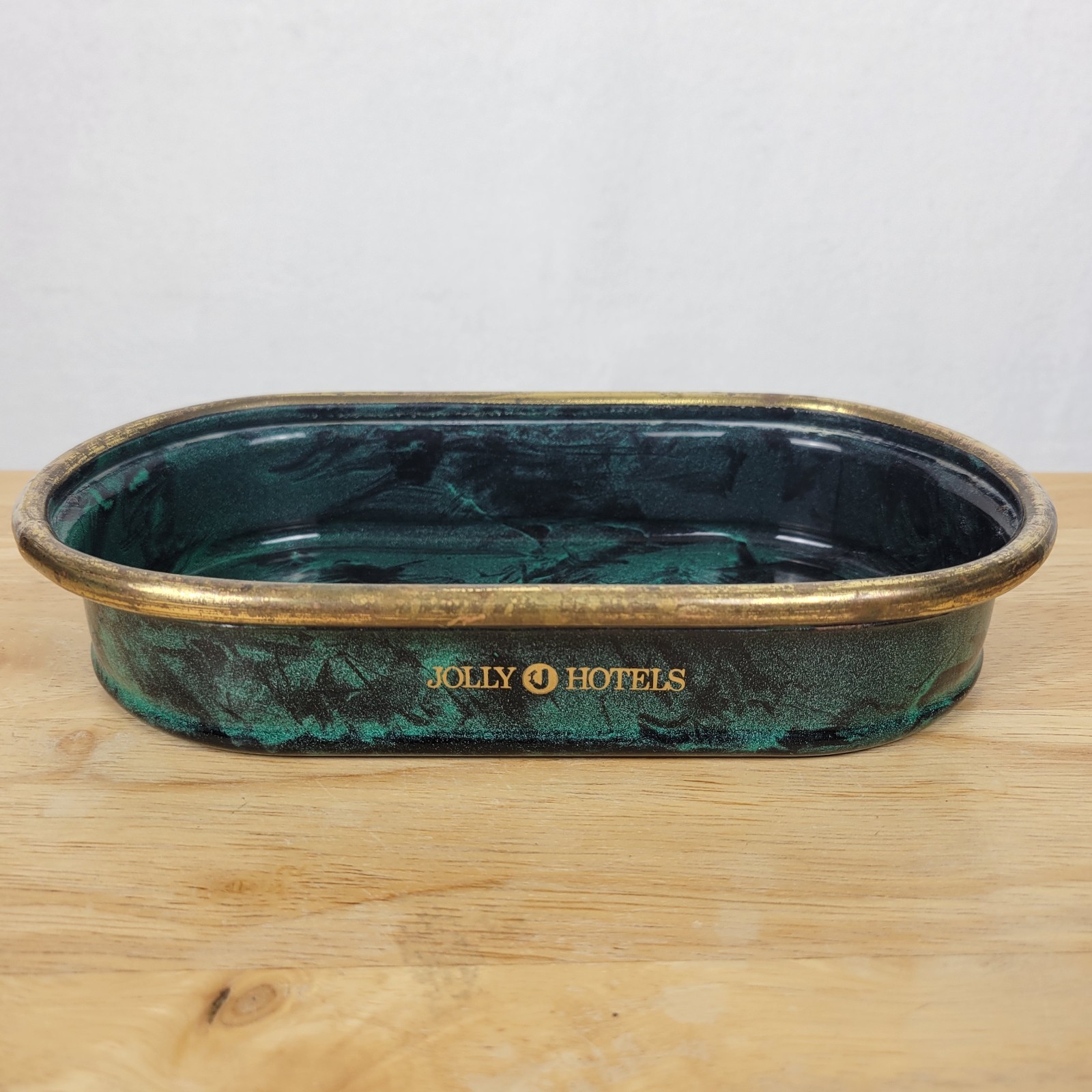 Jolly Hotels Vintage Green and Gold Metal Catch-All Tray Hollywood Regency Moody