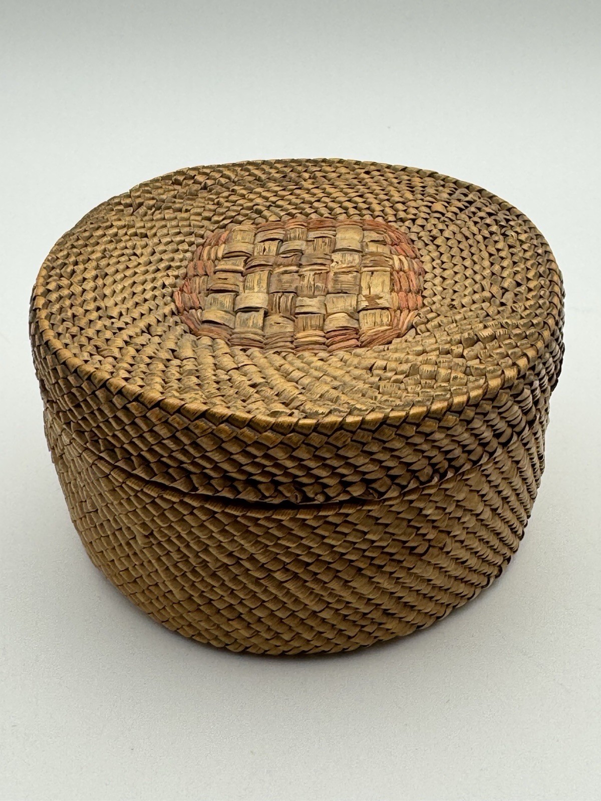 Vintage Nootka Makah  Native American Lidded Basket 4” As Is  Inner Rim Wear