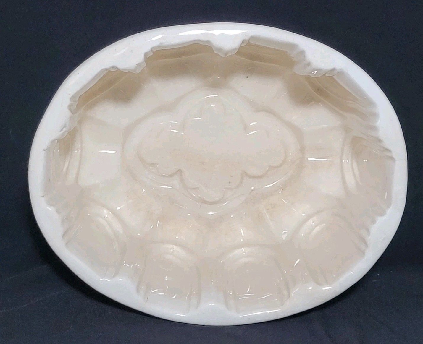 Vintage Antique White Ironstone Jelly Cake Mold Large Oval Pottery Baking Old