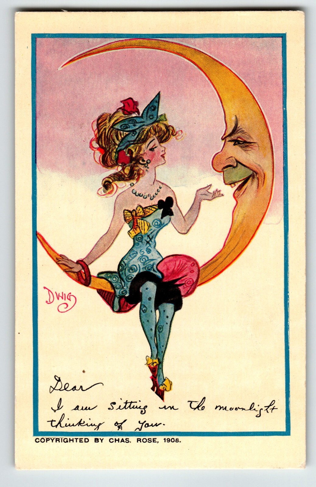 Dwig Signed Postcard Lady Crescent Moon Man Human Face Fantasy 1908 Chas Rose 21 Dwig Signed Postcard Lady Crescent Moon Man Human Face Fantasy 1908 Chas Rose 21