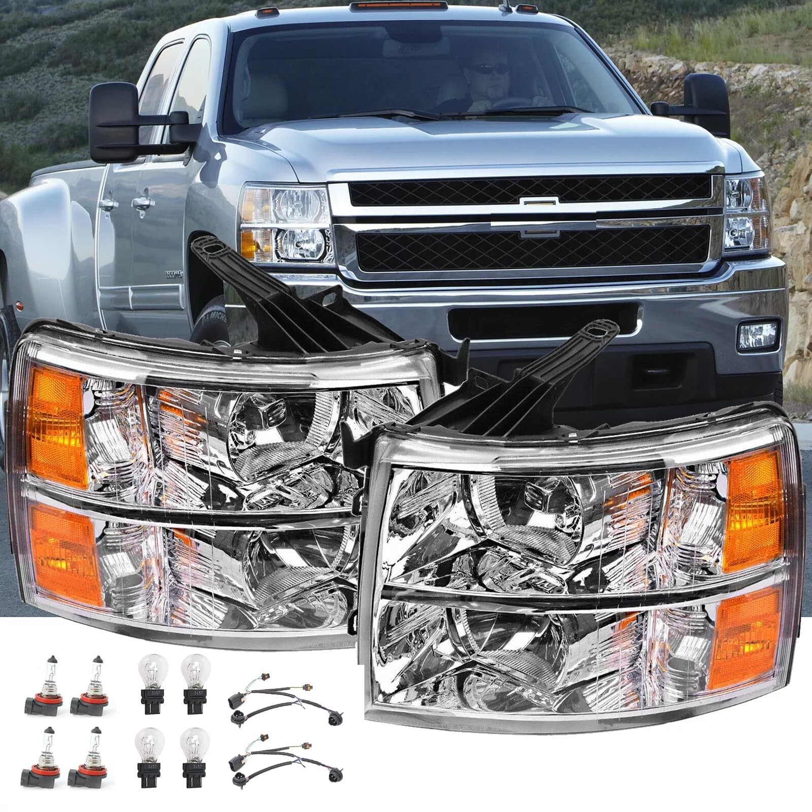 2PCS Headlights Assembly W/Bulbs and Harness For 2007-2013 Chevy Silverado 15... 2PCS Headlights Assembly W/Bulbs and Harness For 2007-2013 Chevy Silverado 15...