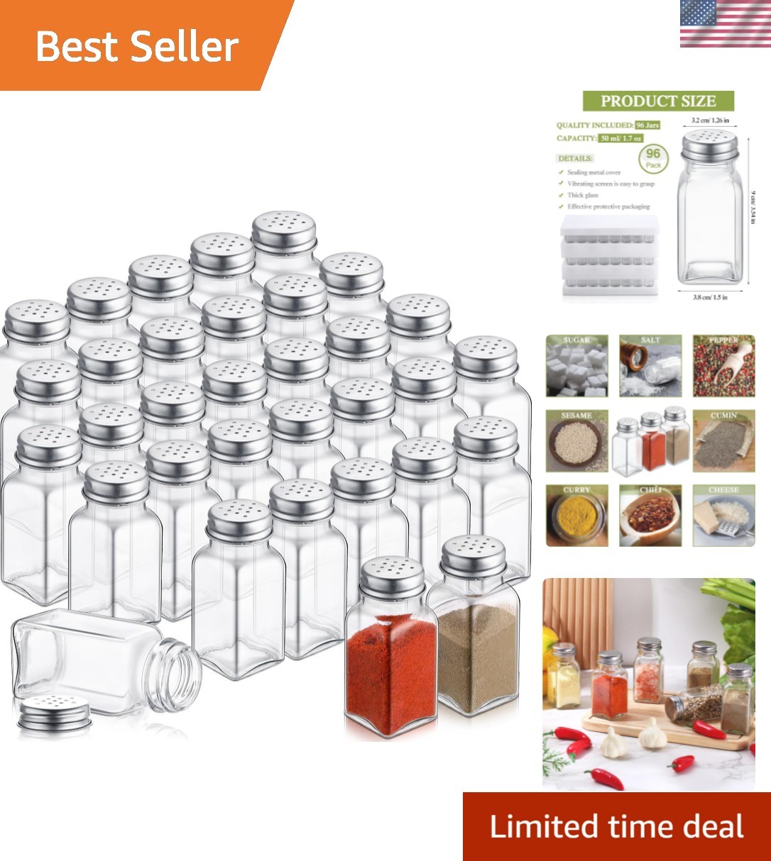 96 Pcs Glass Salt Pepper Shakers Stainless Steel Lids, 1.7 oz