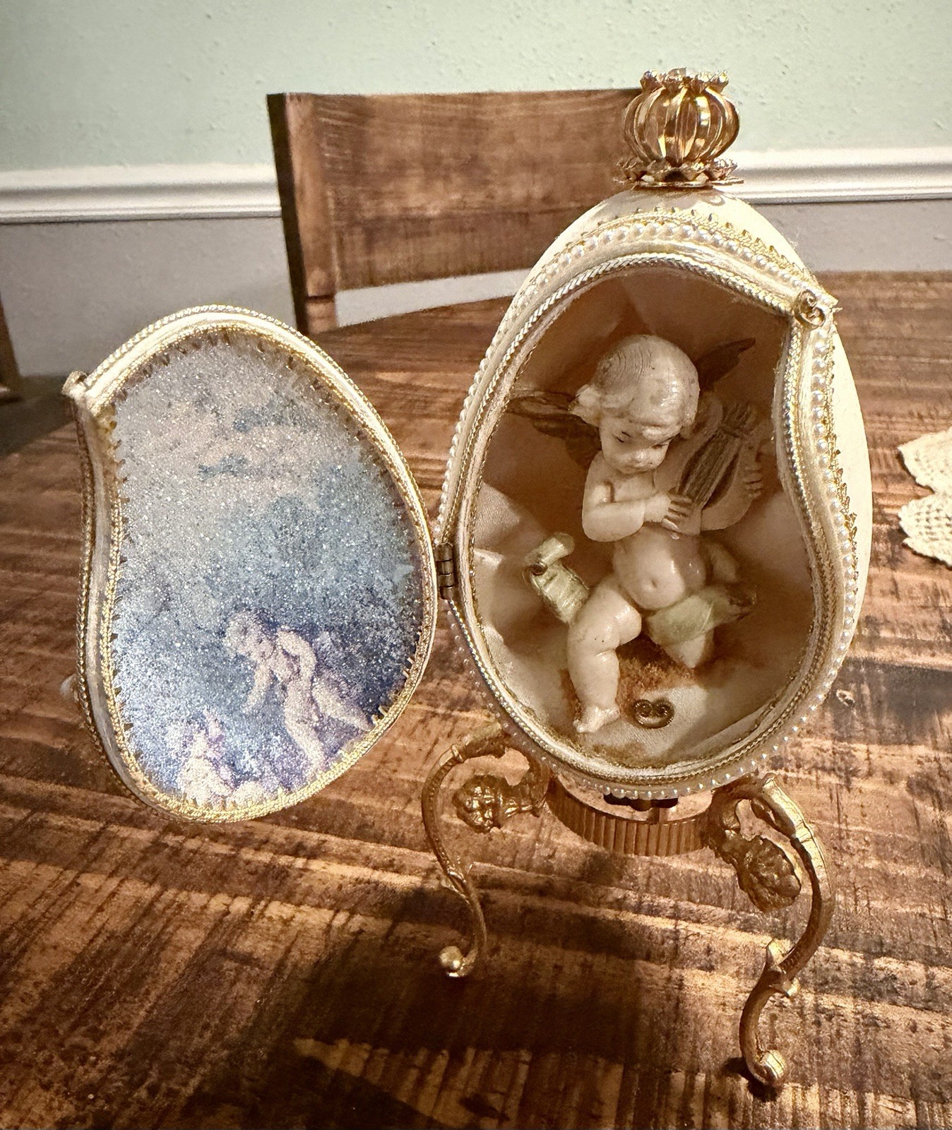 2 Faberge Musical Egg Trinkets Cherub Angel Jeweled Pearl Ornate (plays music)