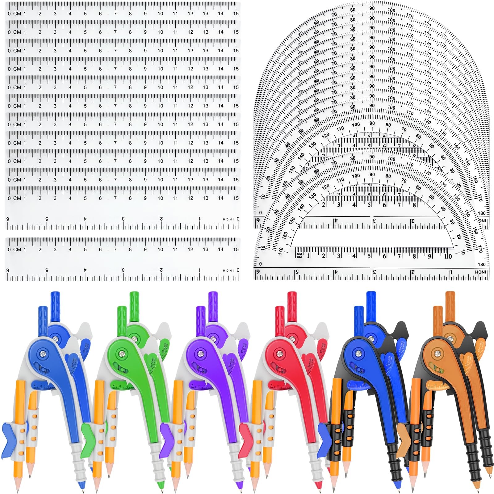36 Pack Math Compass & Protractor Geometry Math Plastic Ruler Set Drawing Com...