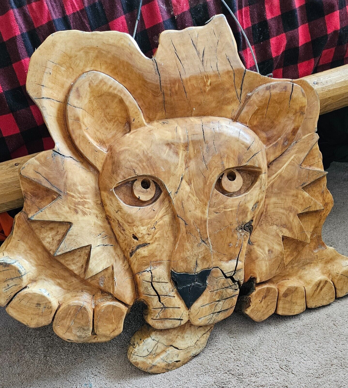 Huge Hand Carved Lion, Artisan Crafted African Wood Art 34X27 HEAVY Safari Rare