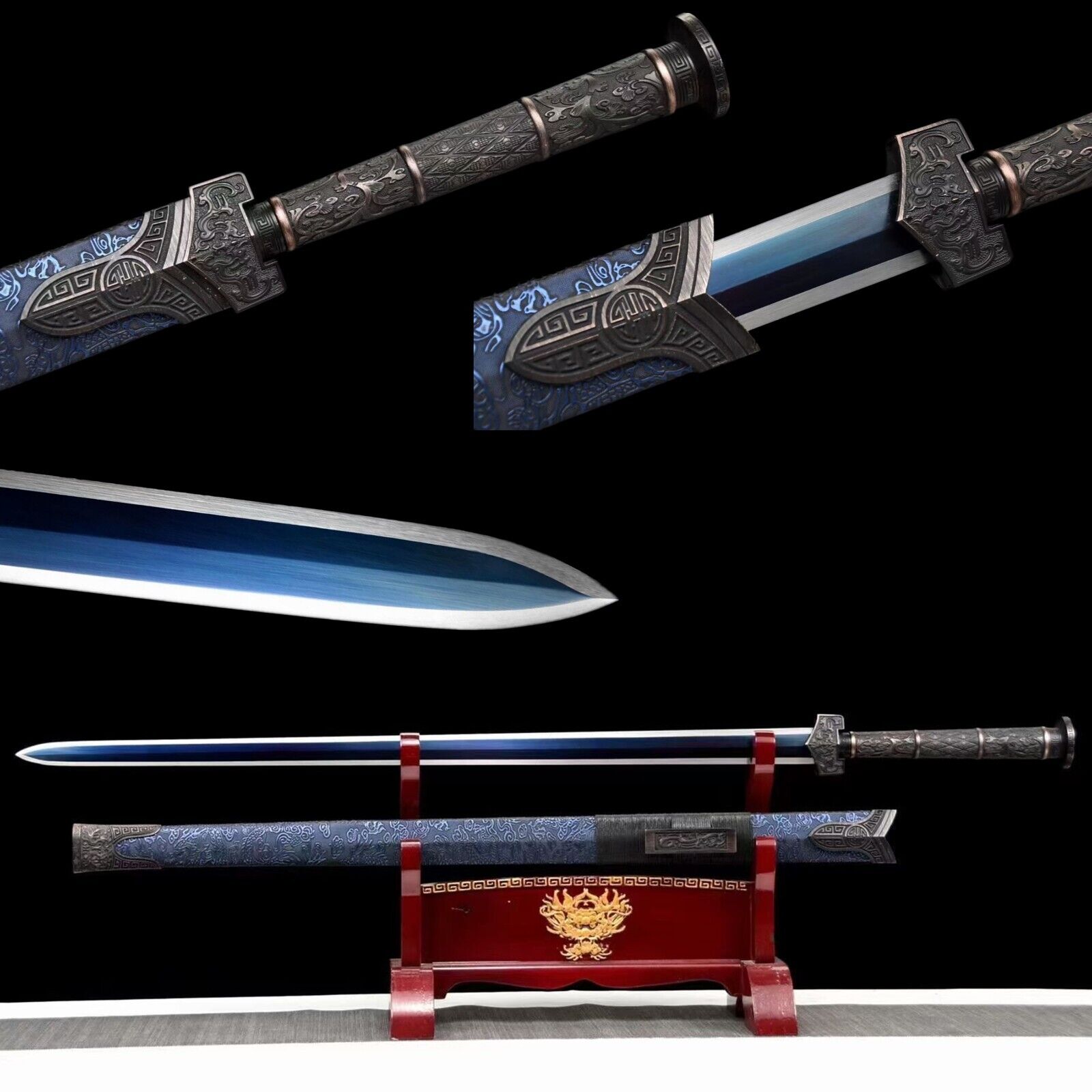 Handmade 1095 Steel Blue blade Chinese Han Jian Sword Real Combat Sharp