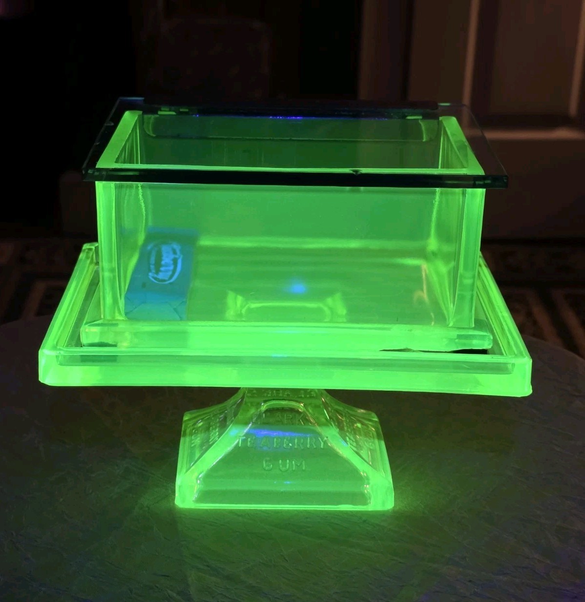 Awesome Clark's Teaberry Gum Yellow Uranium Glass Stand and Display Box