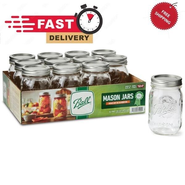 Glass Mason Canning Jars With Lids & Bands Regular Mouth, 16 Oz, 12 Count Pint