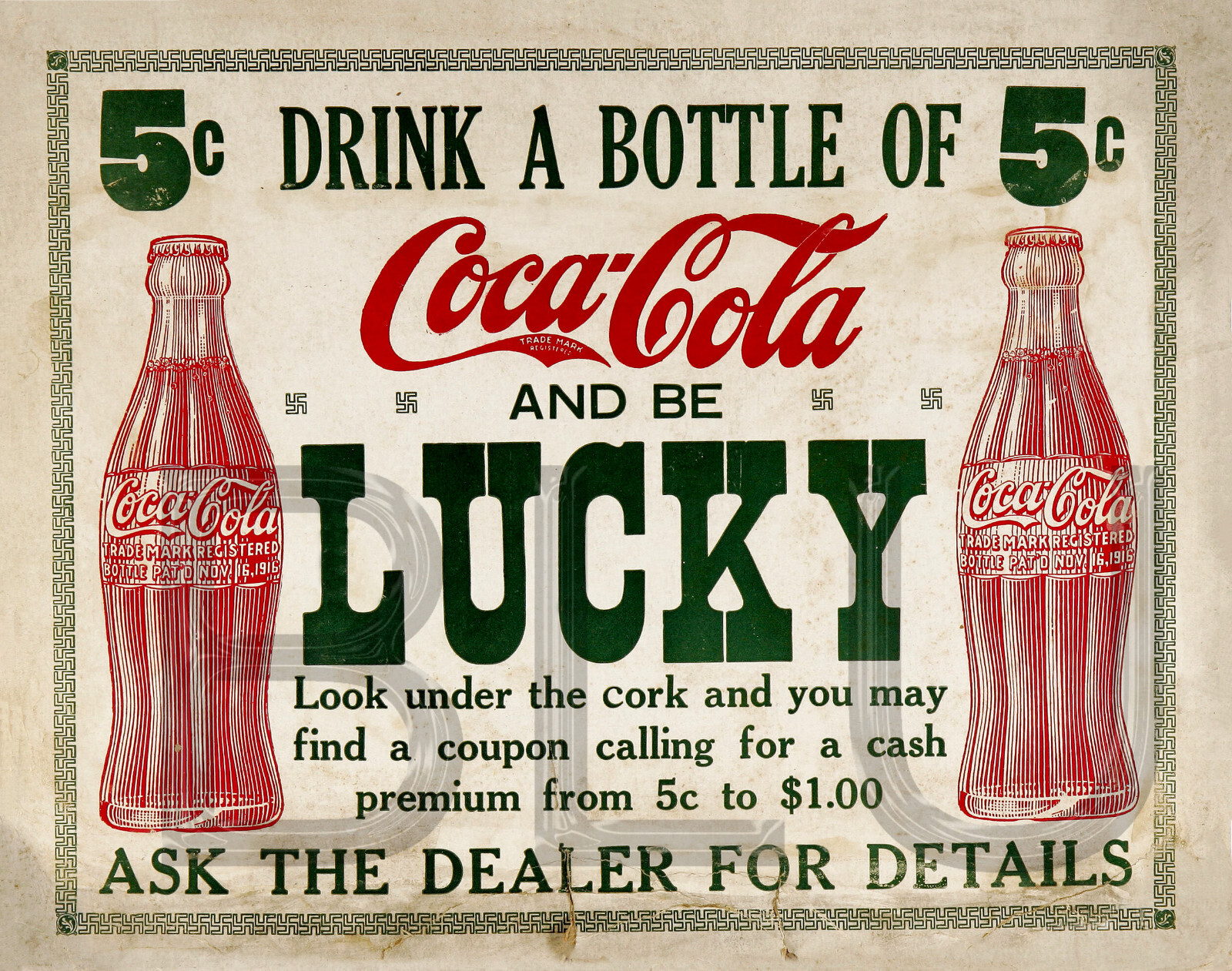 1915 Coca-Cola Advertising Sign With Swastika Motif 11 x 14\