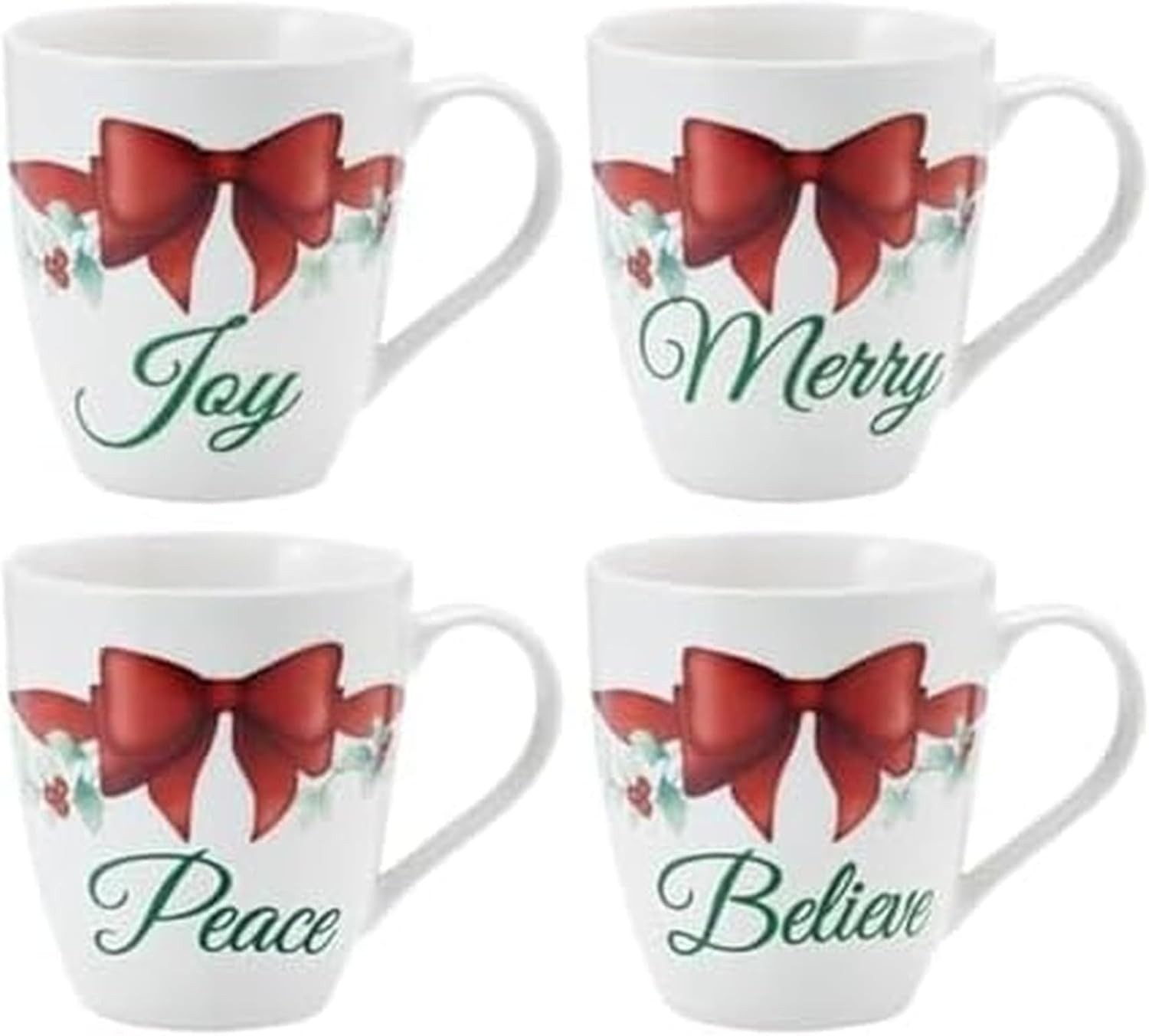 Christmas Coffee Mugs, Porcelain, 20 Oz, Joy, Merry, Believe, Peace, Set of 4