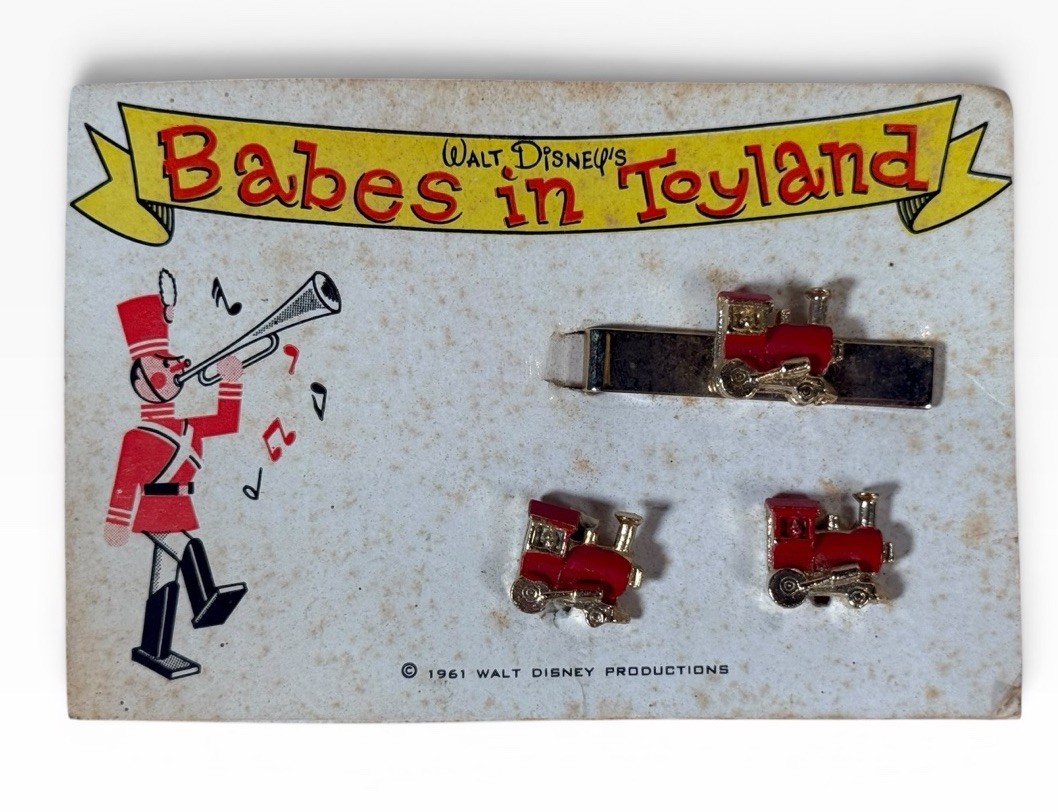 Vintage 1961 Disney Babes In Toyland Cufflinks Tie Clip Set Trains Railroad Rare