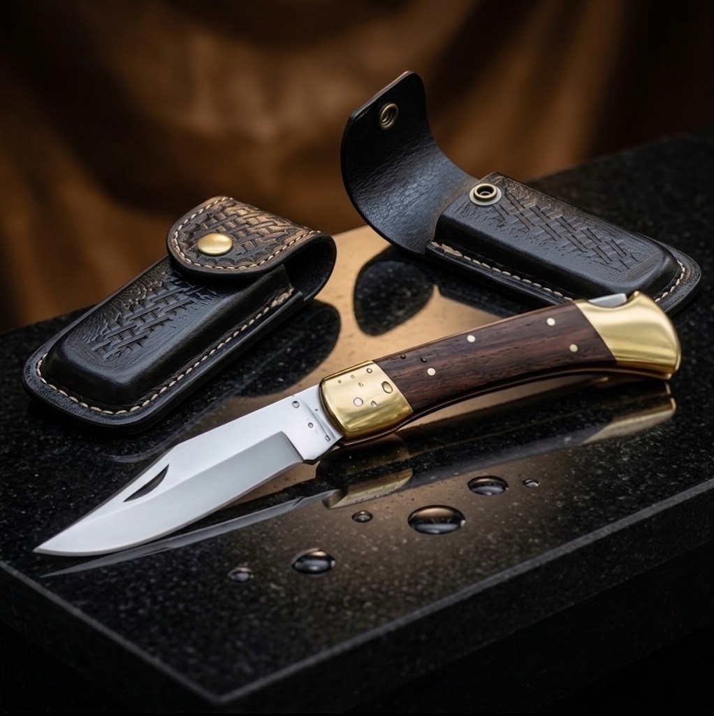Folding Pocket Knife Lockback Ebony Handle EDC Hunting Camping Sheath & Gift Box