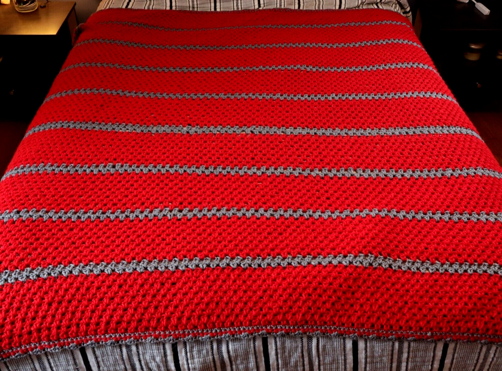 Vintage Handmade Crocheted Red Gray Afghan Lap Blanket  70\