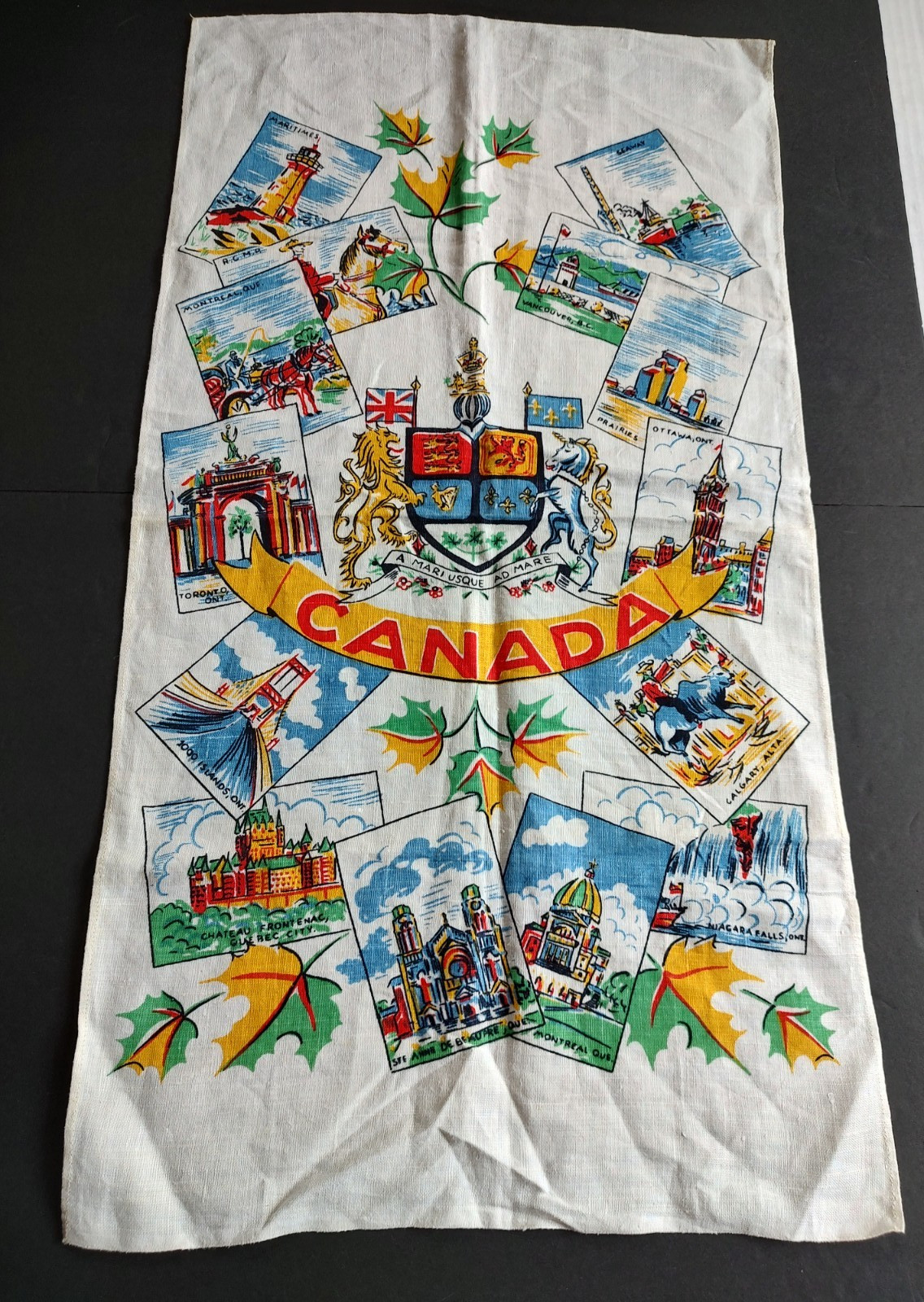 Vtg Canada Souvenir Tea Dish Kitchen Towel Historic Landmarks Coat of Arms MCM