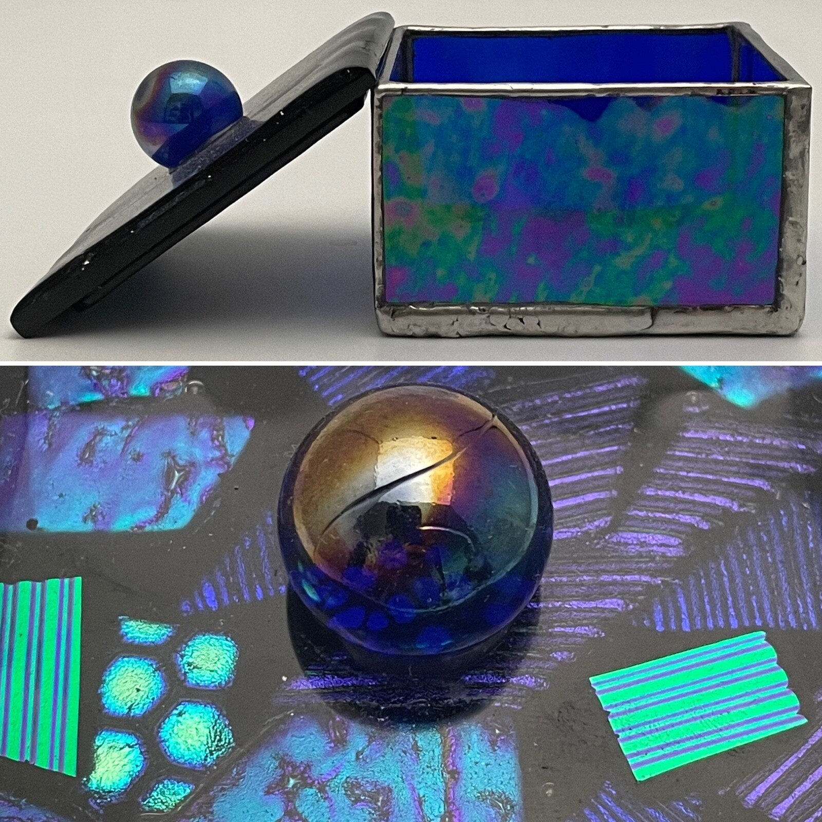 Amingo Fused Dichro Leaded & Stained Glass Trinket Box 3.25\