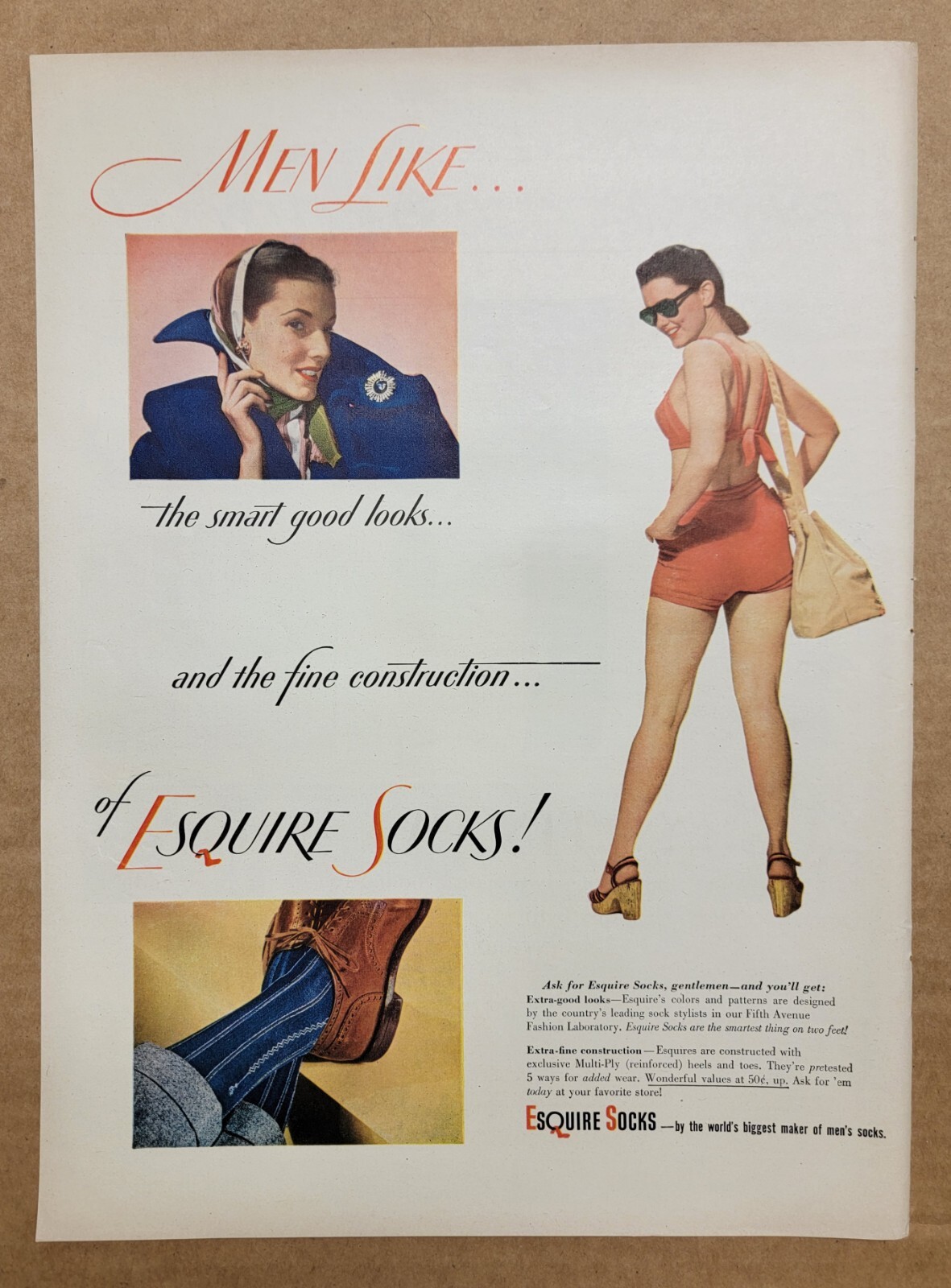 SEXIST VINTAGE 1947 Print Ad Esquire Socks Good Looks Fine Construction B5C1 