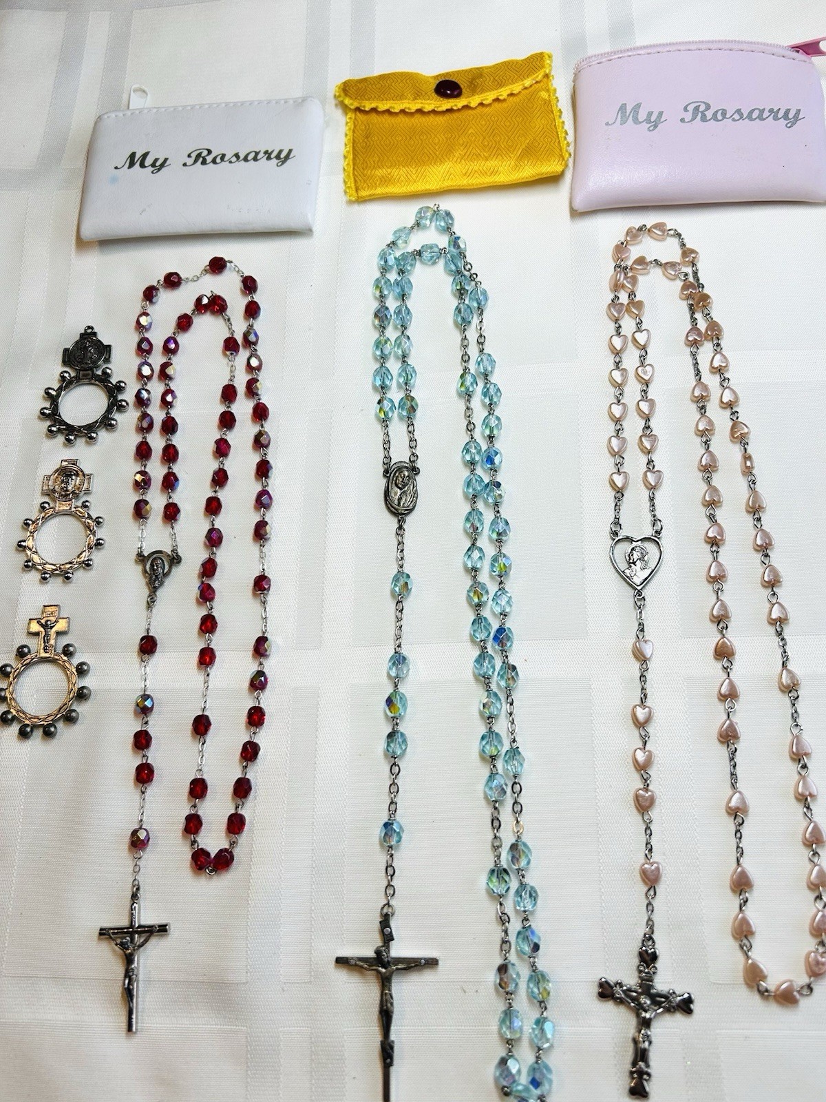 Lot Rosaries Finger Rosaries 3 Cases Catholic Religious Blue Glass Faceted 6 pcs