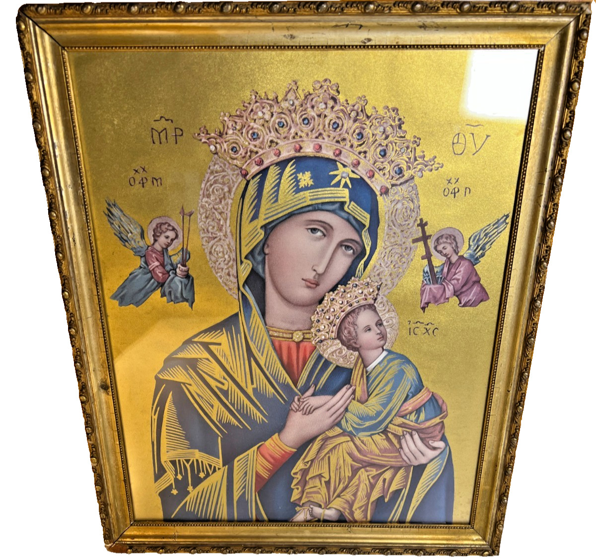 LARGE Virgin Tenderness Orthodox Icon Mary & Christ Child Gold Lithograph Framed