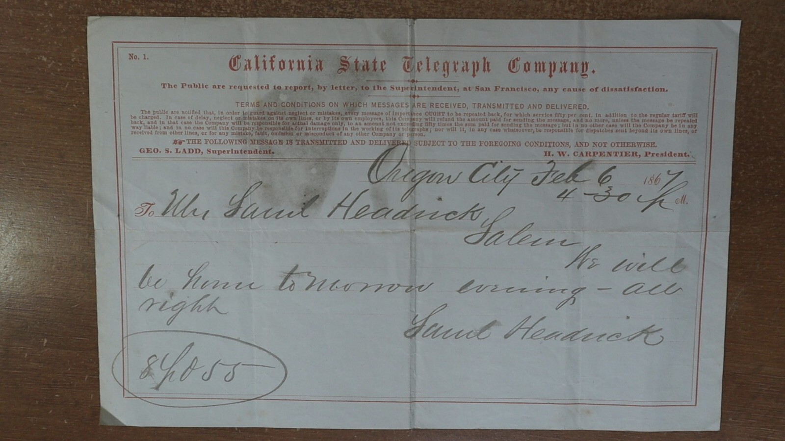 1867 California State Telegraph Ladd Oregon City Headrick Salem Oregon Message