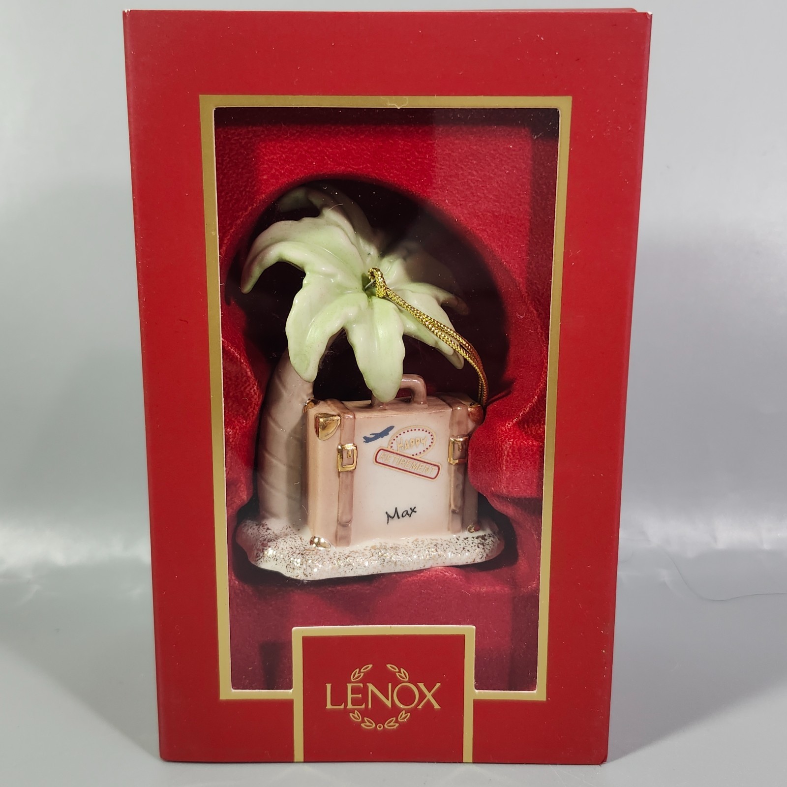 Lenox Happy Retirement Keepsake MAX Monogram Palm Tree Luggage Ornament in Box