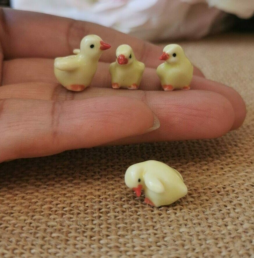 Set of 4 Yellow Chick Animal Ceramic Miniature Figurines Terrarium Garden Decor 