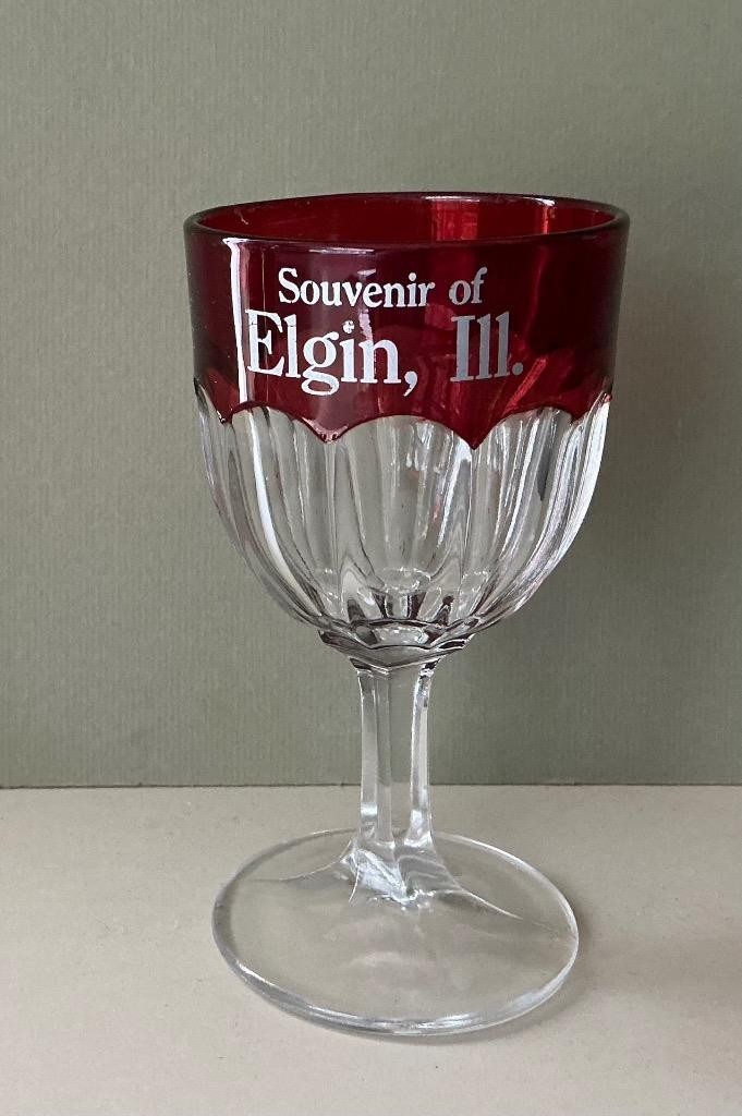 EAPG Ruby Stained Souvenir Glass Goblet, Elgin, IL Colonial Paneled Pattern