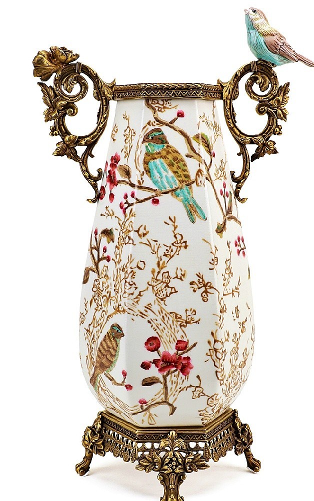 Polychrome Chinoiserie Porcelain Hexagonal Vase. Hand Painted. Ormolu - 17.5