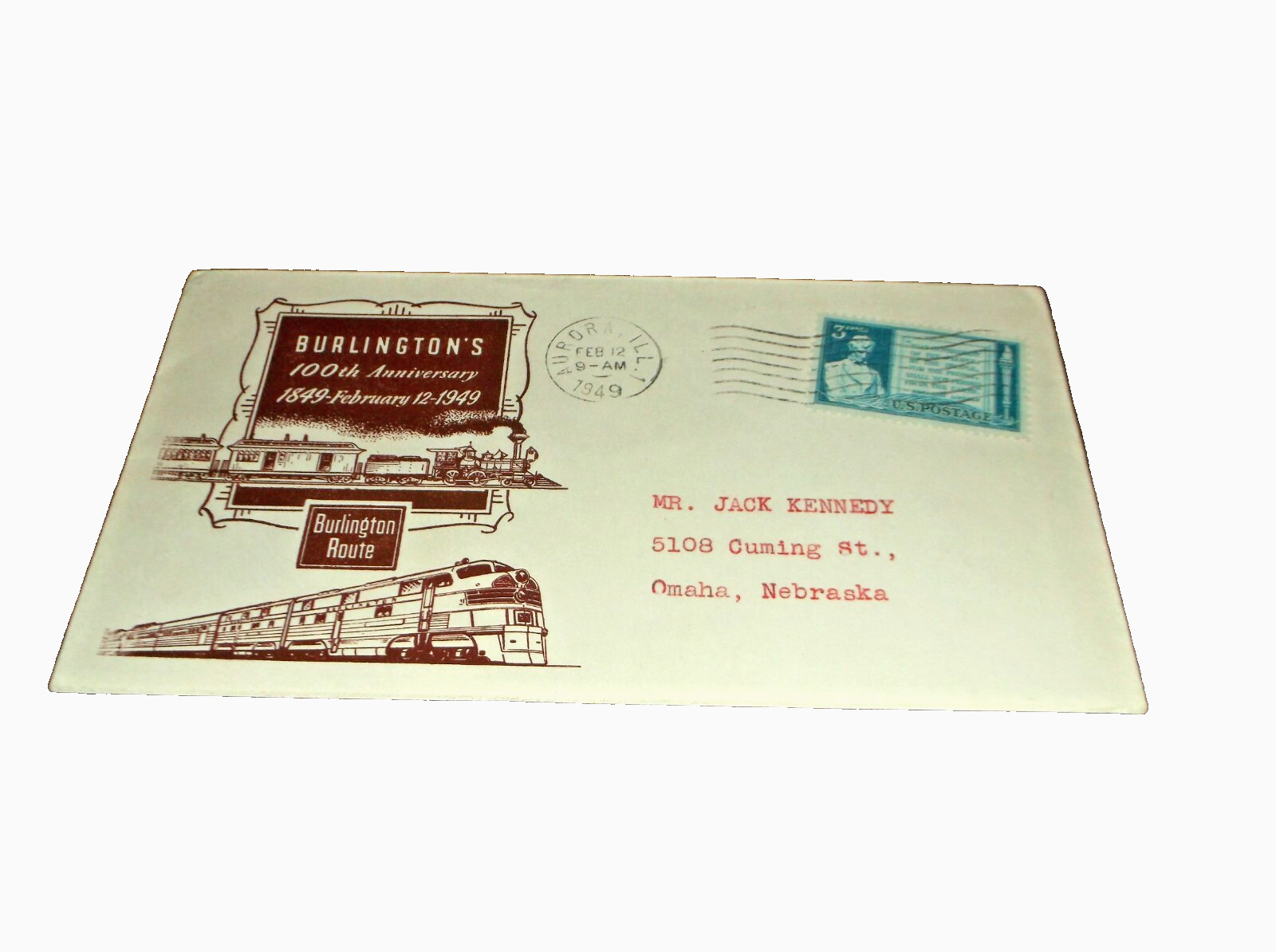 1949 CB&Q BURLINGTON ROUTE MILEPOST 100th ANNIVERSARY AURORA ILLINOIS ENVELOPE A