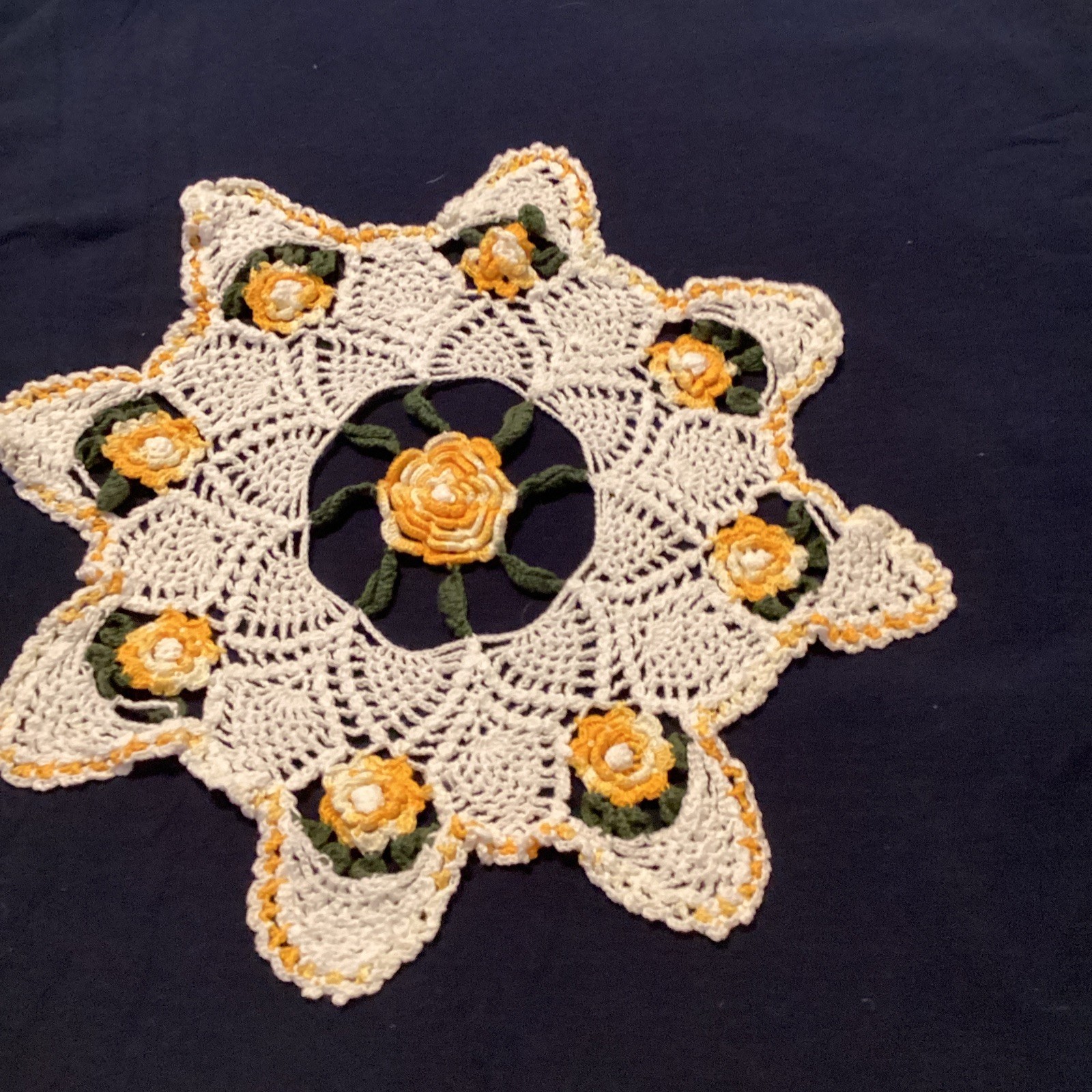 Vintage 1940’s Handmade Crochet Doily With 3D Yellow Roses Vintage 1940’s Handmade Crochet Doily With 3D Yellow Roses