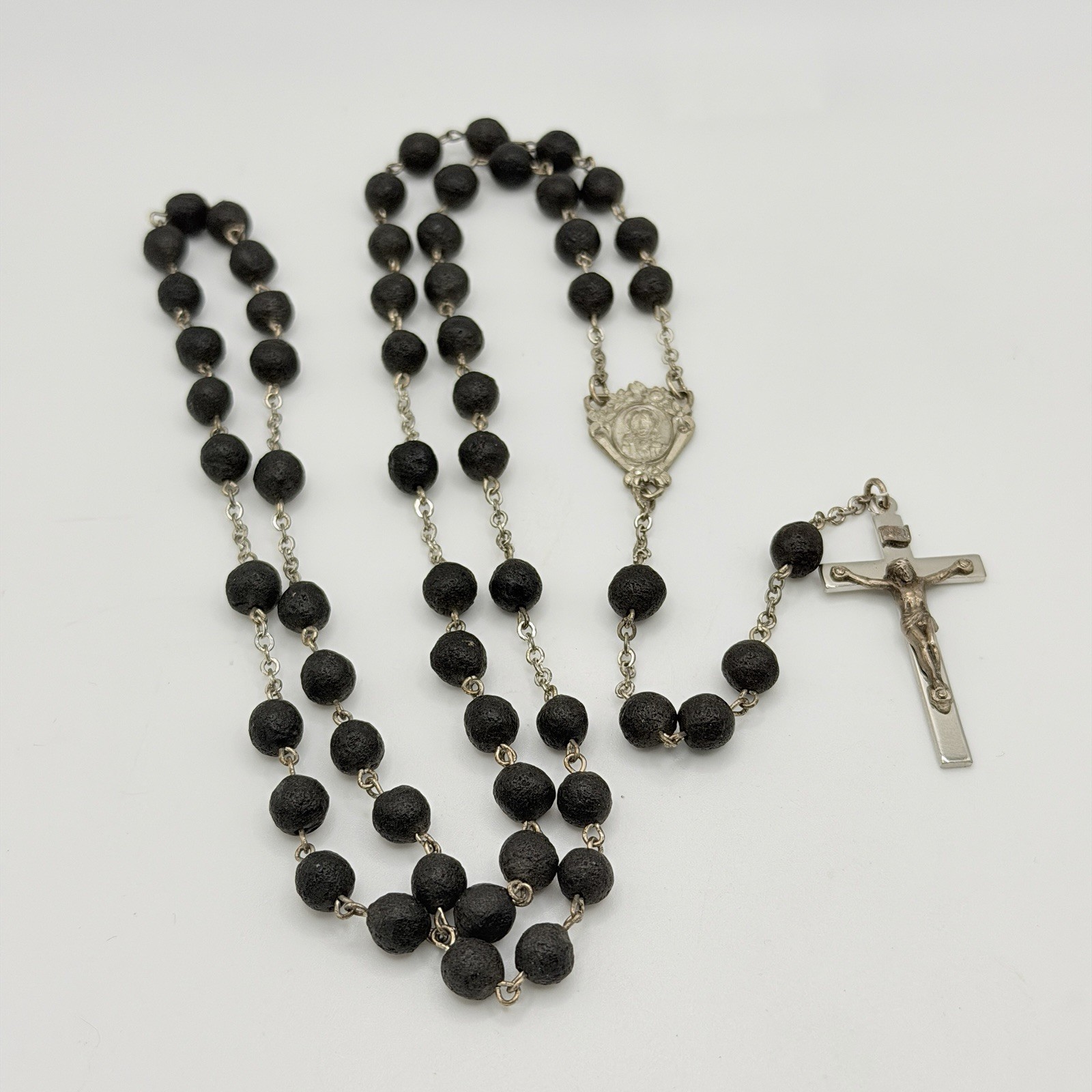 Vintage Sterling Silver Inri Rosary Black Lava Rock Beads Religious 21” Cross