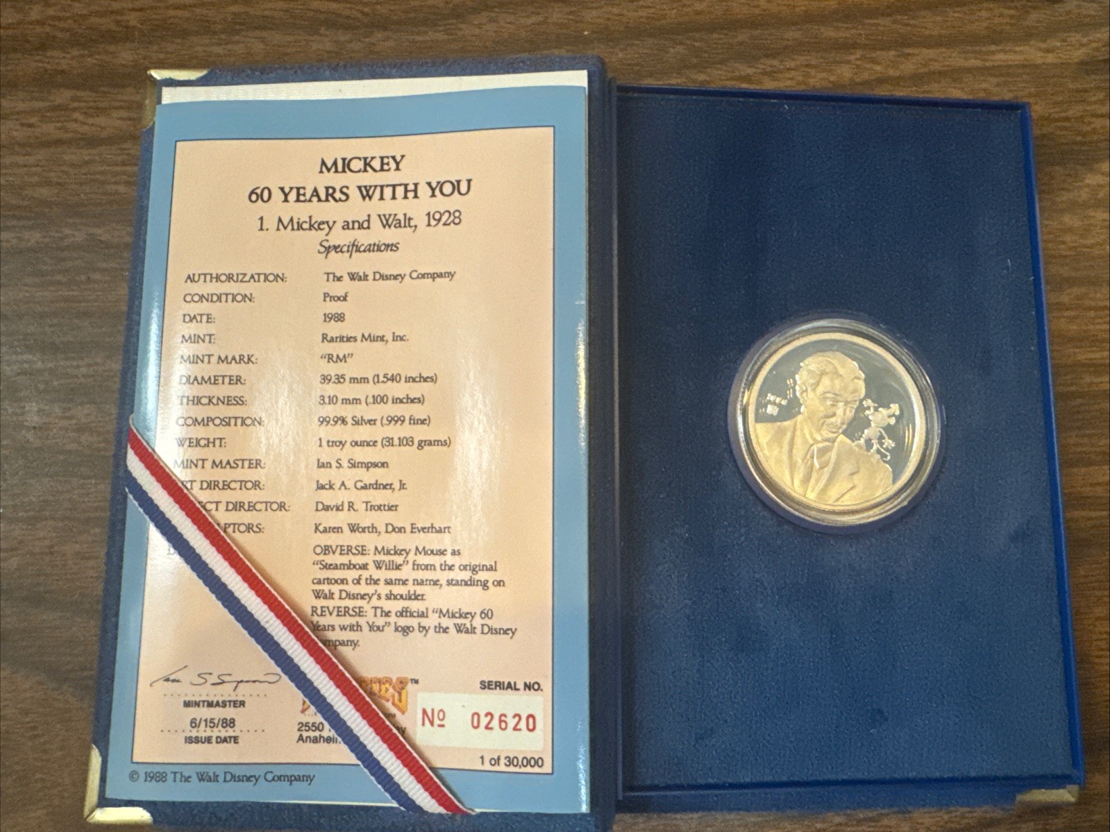1928 Disney Mickey Mouse 60 Years With You 1oz .999 Silver Coin 02620