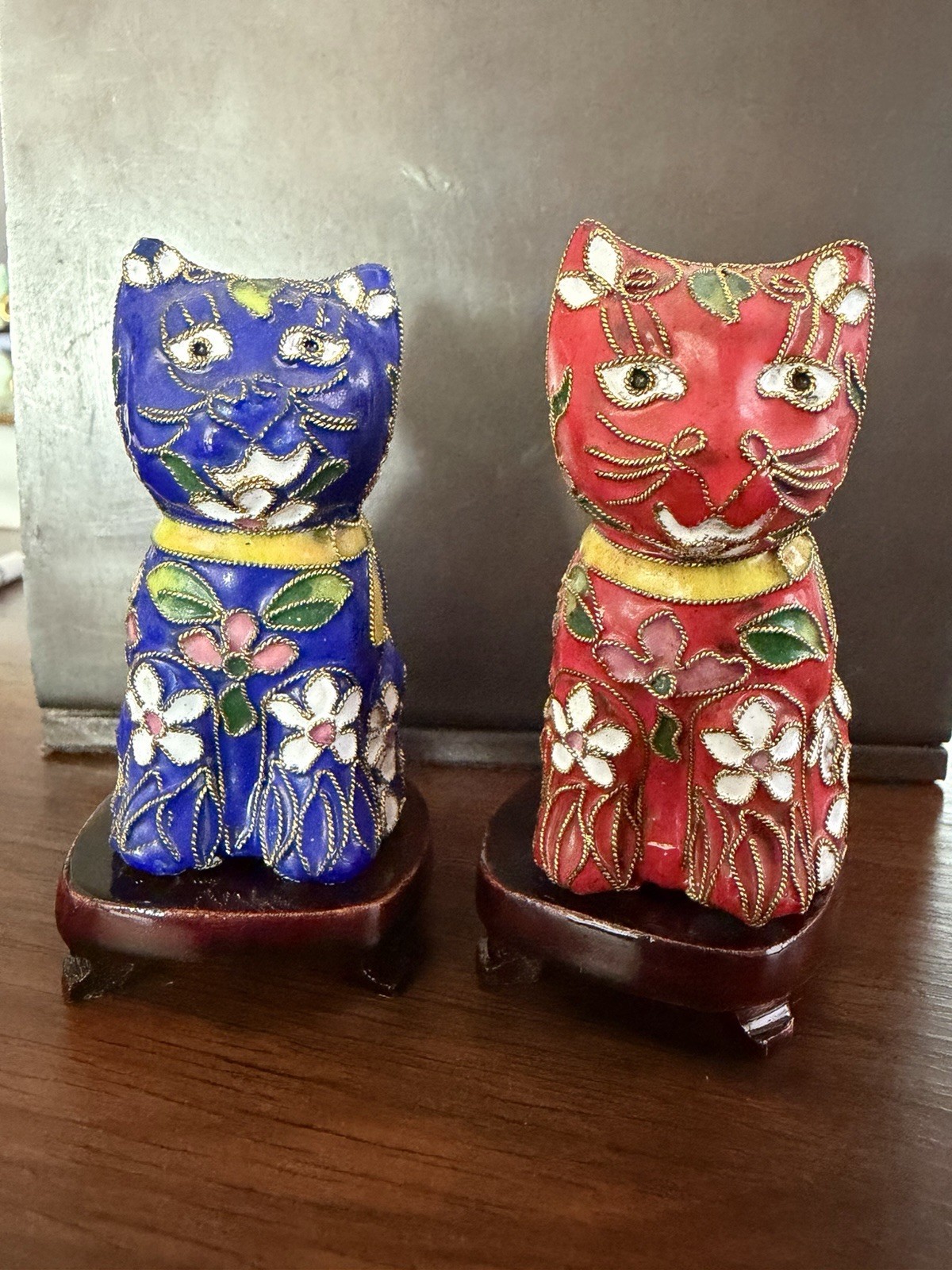 Vintage Chinese Cloisonne Enamel Cat Figurines Pair Red Blue Cherry Blossom