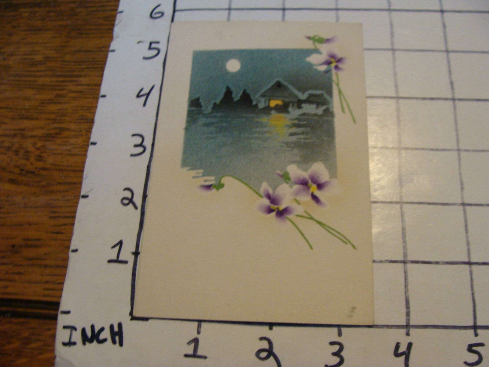 Vintage Unused Carte Postale Japanes Art: floral with moonlight and house